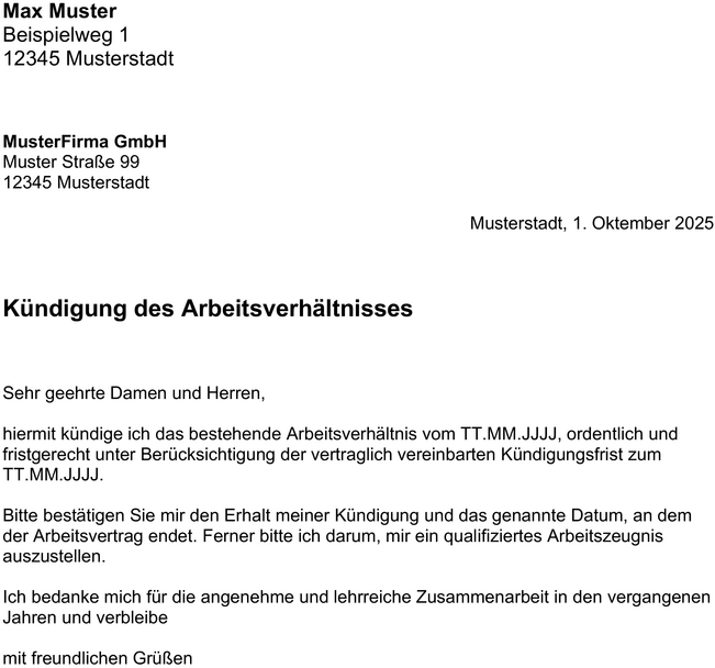 kuendigung-des-arbeitsverhaeltnisses-vorlage