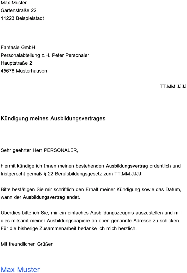kuendigung-des-ausbildungsvertrages-muster-vorlage