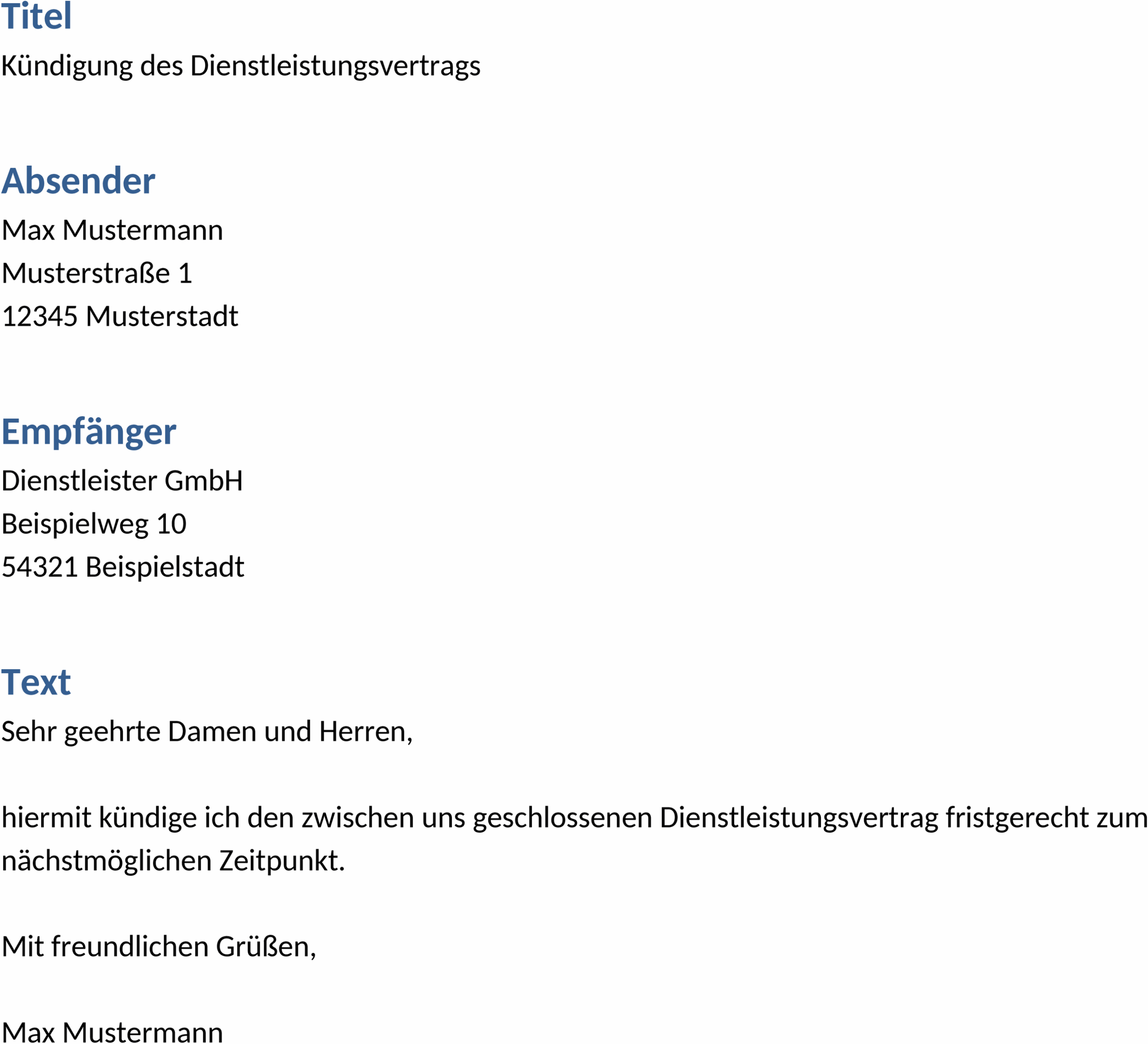 Word-Vorlage Kündigung Dienstleistungsvertrag