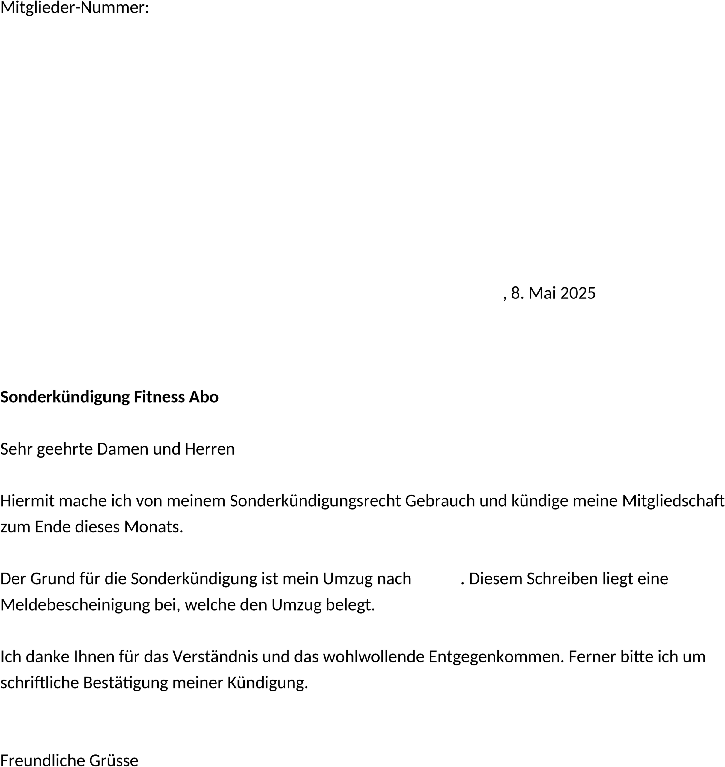 Kuendigung Fitness-Abo Sonderkuendigung Word