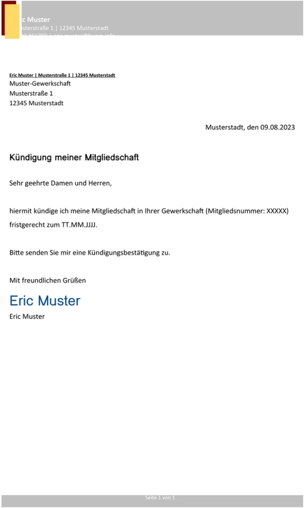 kuendigung-gewerkschaftsmitgliedschaft-vorlage