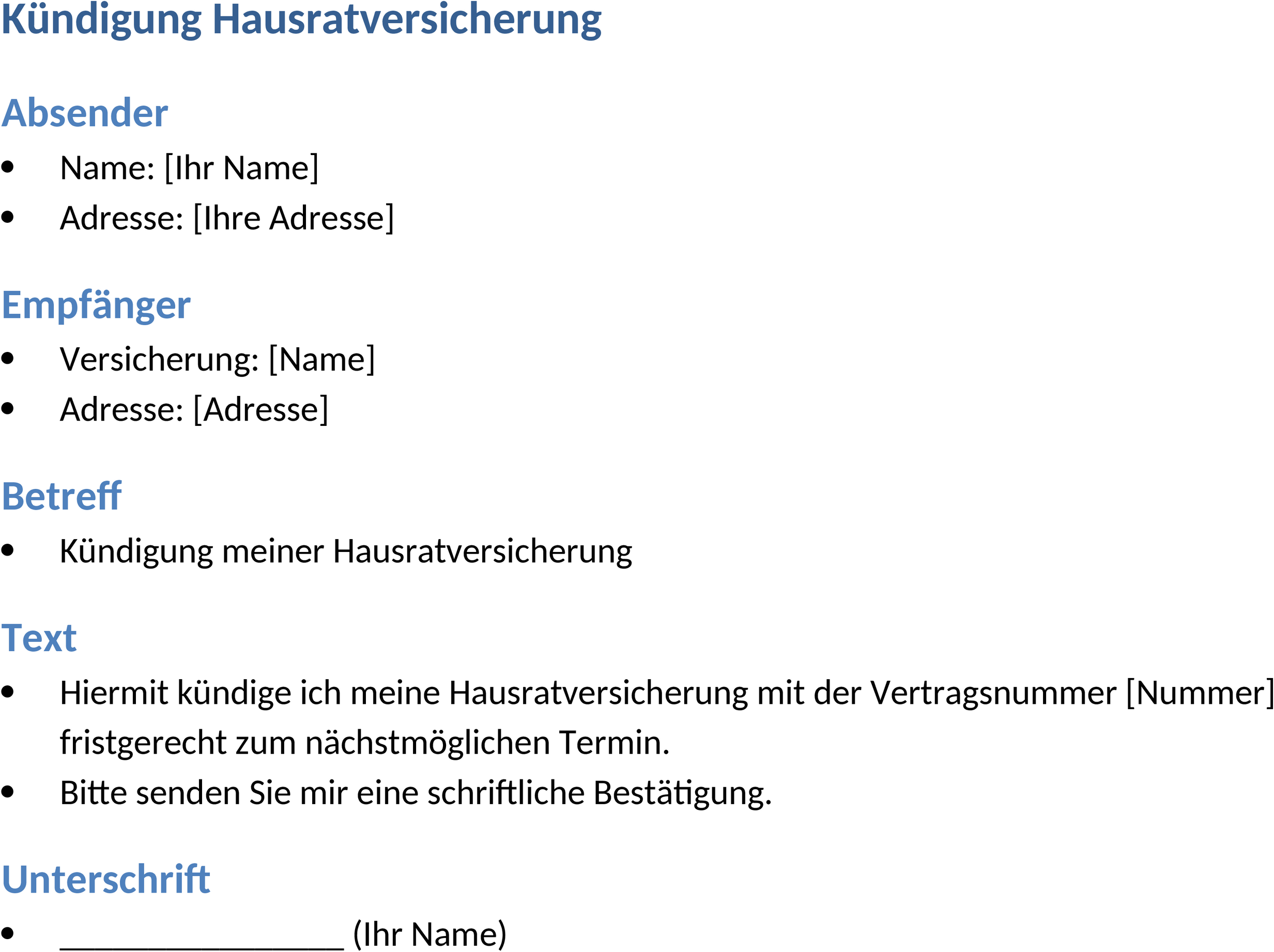 Word-Vorlage zur Kündigung der Hausratversicherung