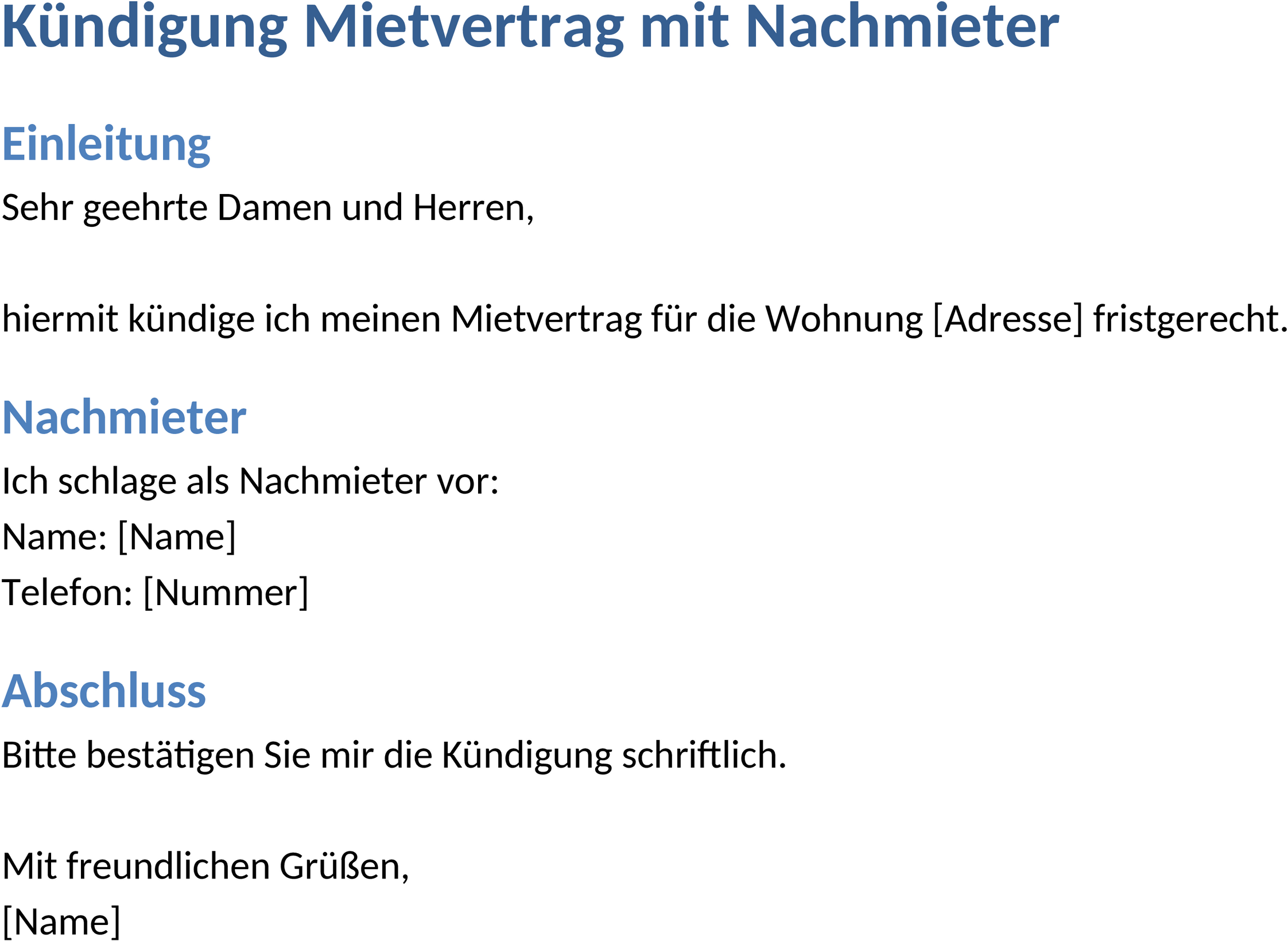 Word-Vorlage Kündigung Mietvertrag mit Nachmieter
