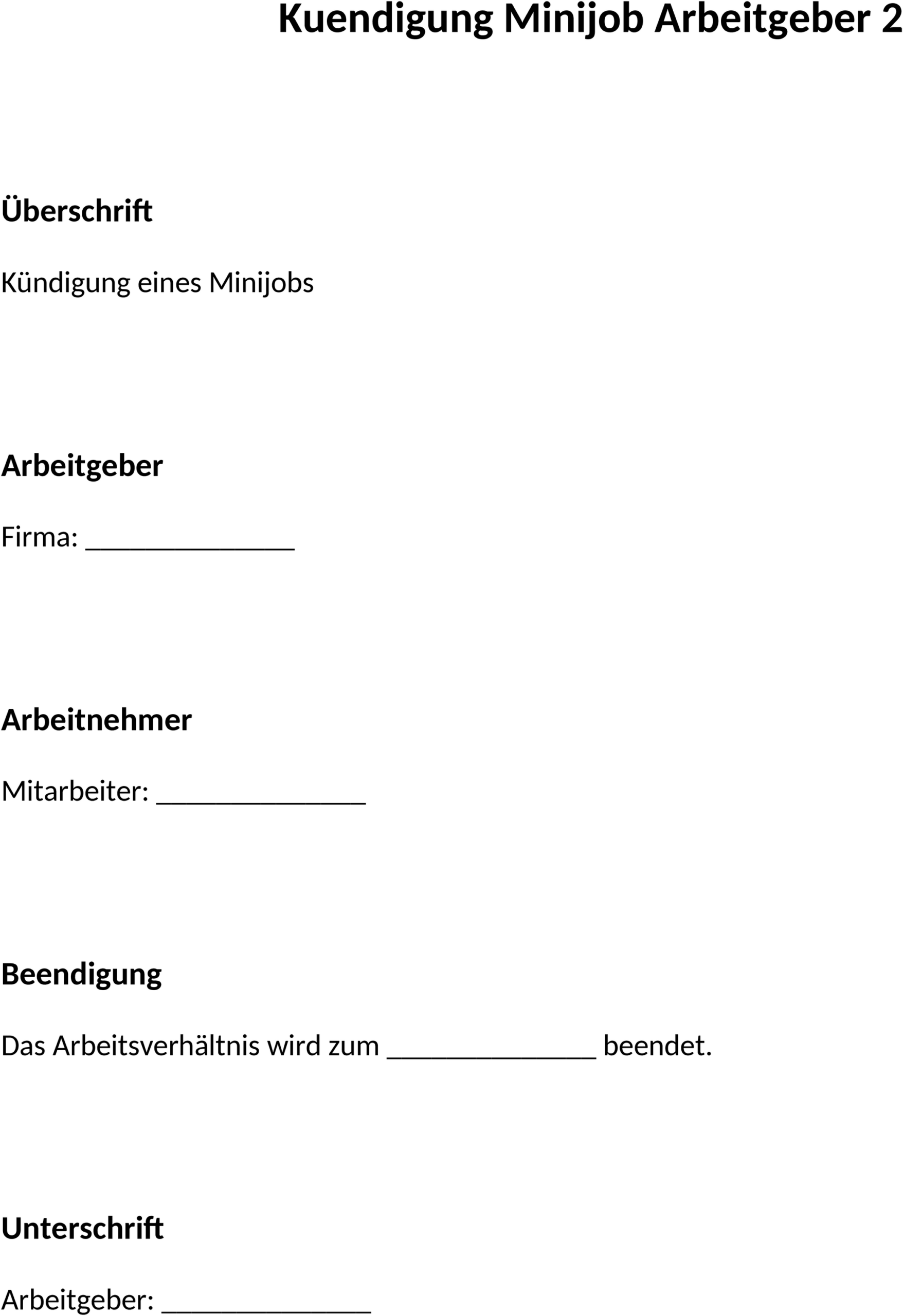 Kündigung Minijob Arbeitgeber Word-Vorlage