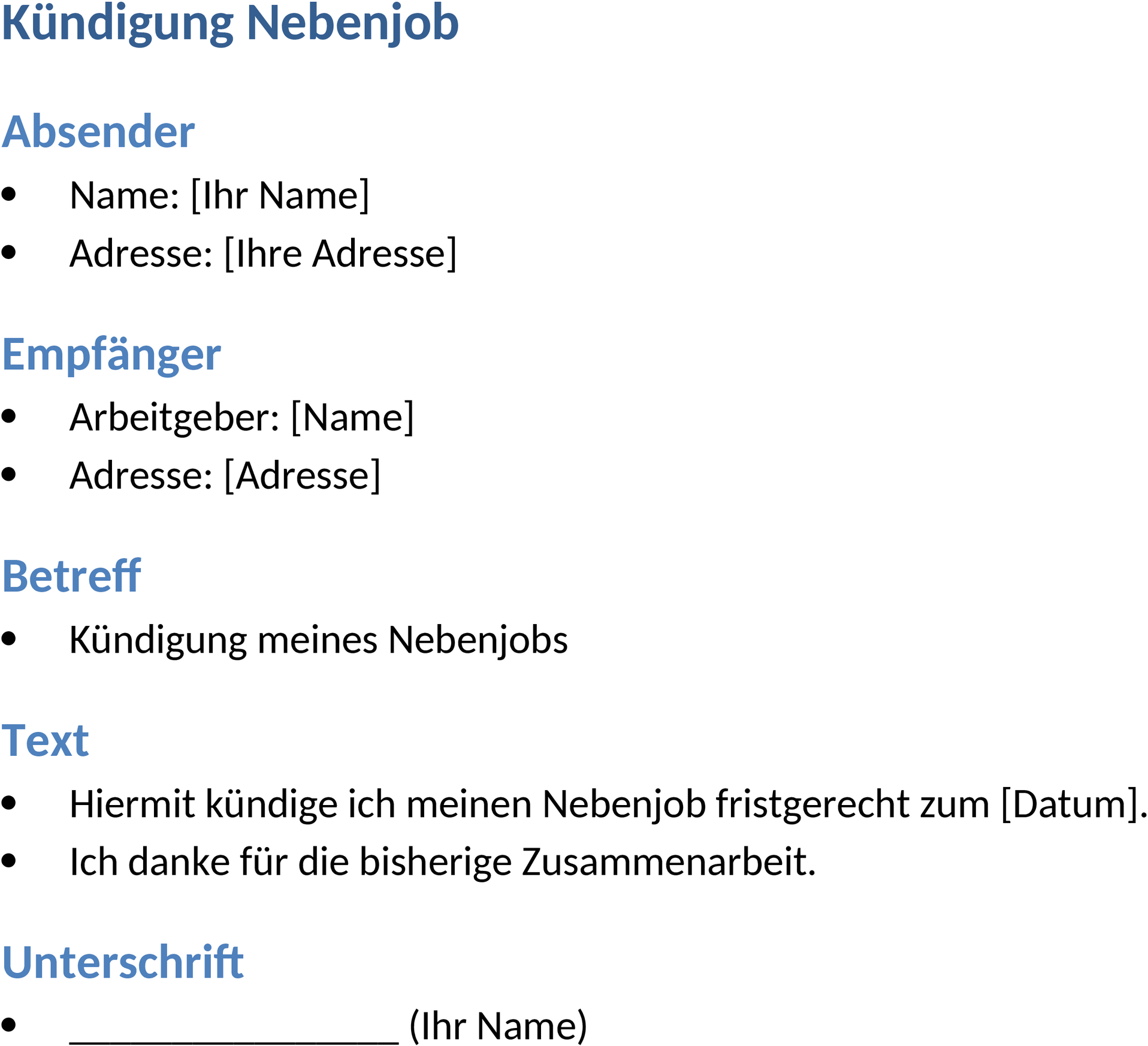 Word-Vorlage für Kündigung Nebenjob