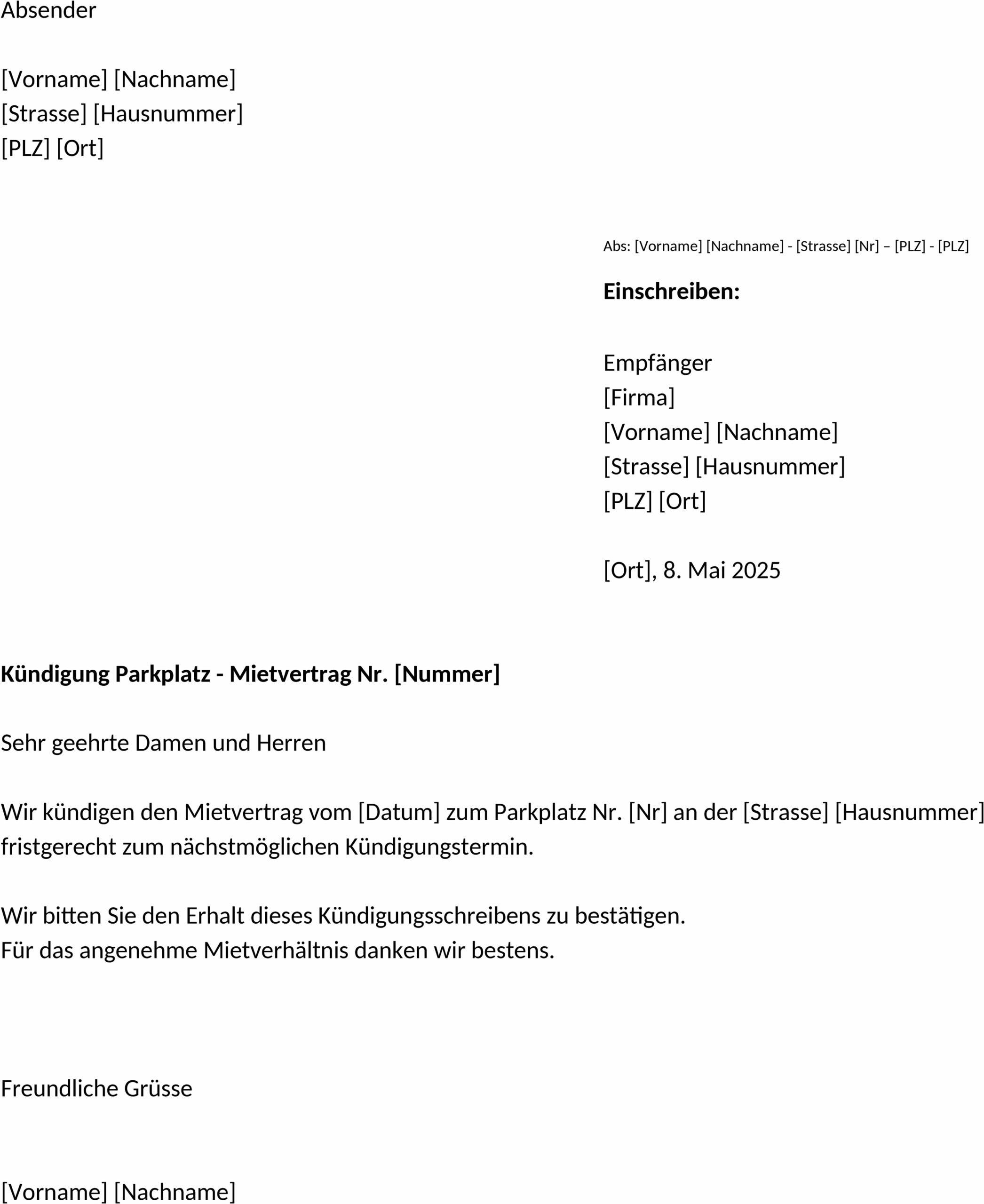 Kündigung Parkplatz Vorlage