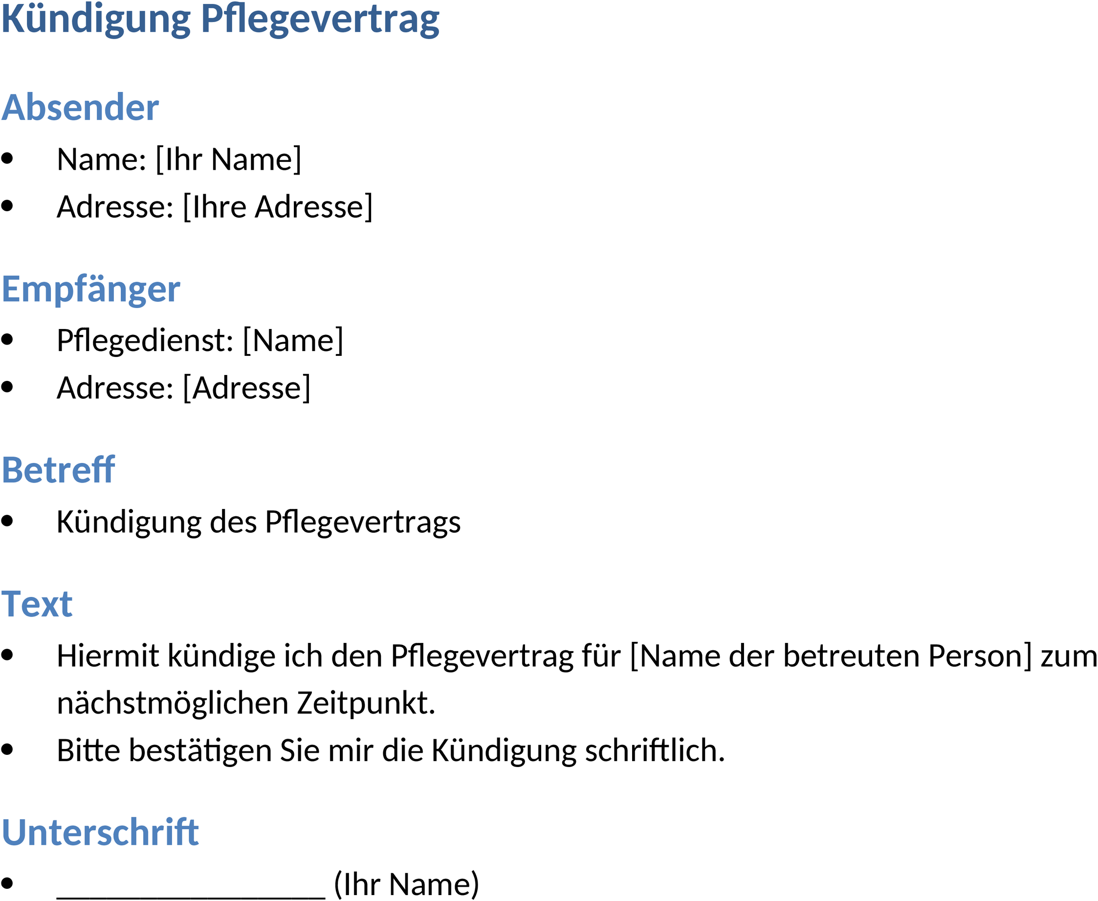 Word-Vorlage Kündigung Pflegevertrag