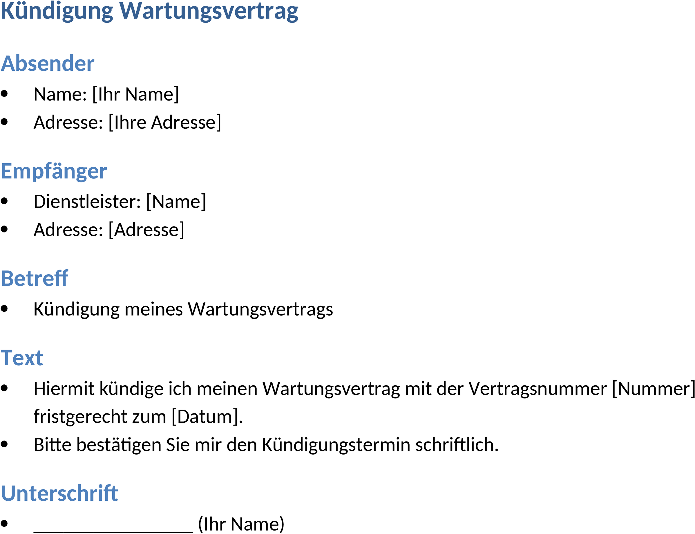 Kündigung Wartungsvertrag Word-Dokument