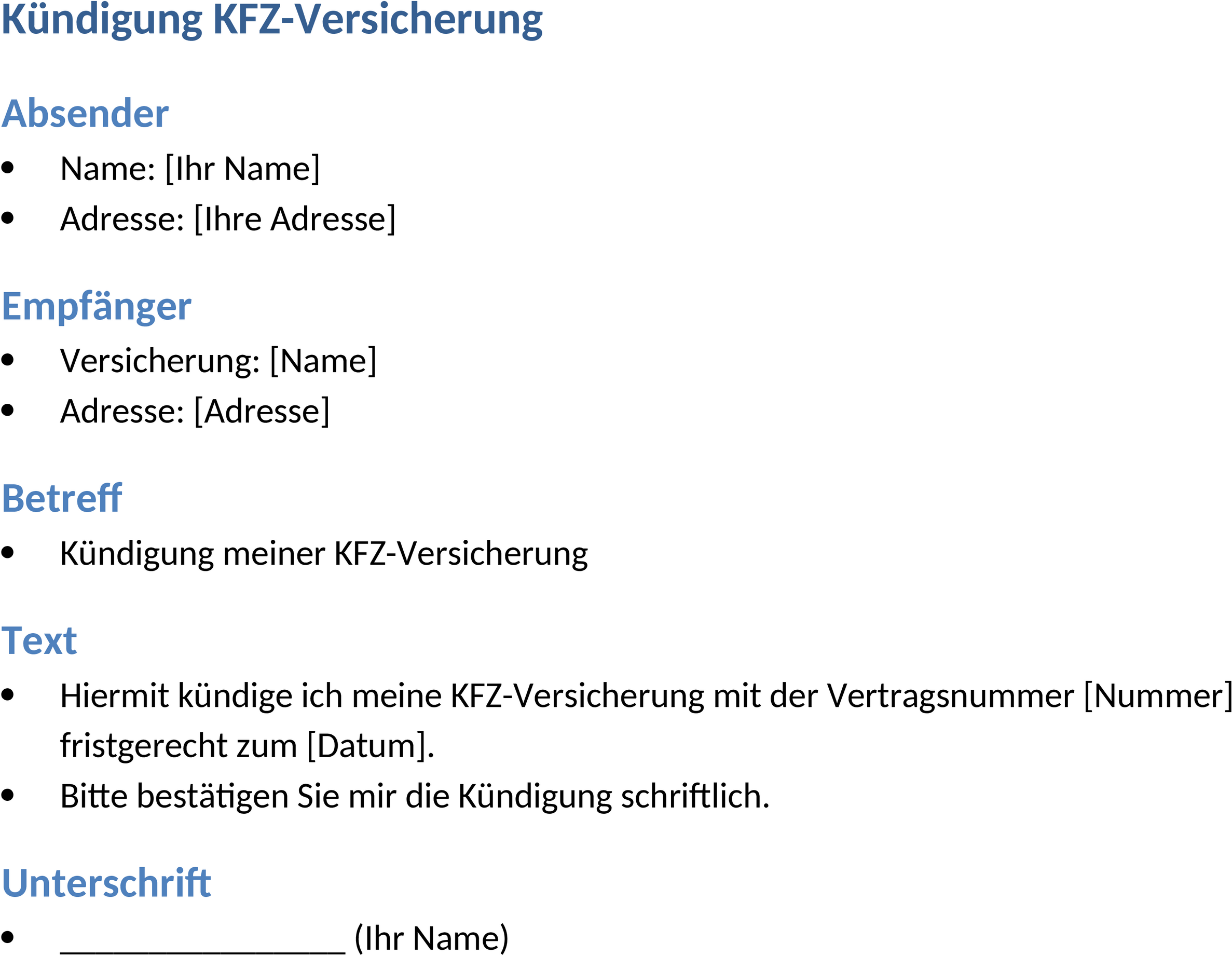 Kündigungsschreiben KFZ Versicherung Word-Dokument