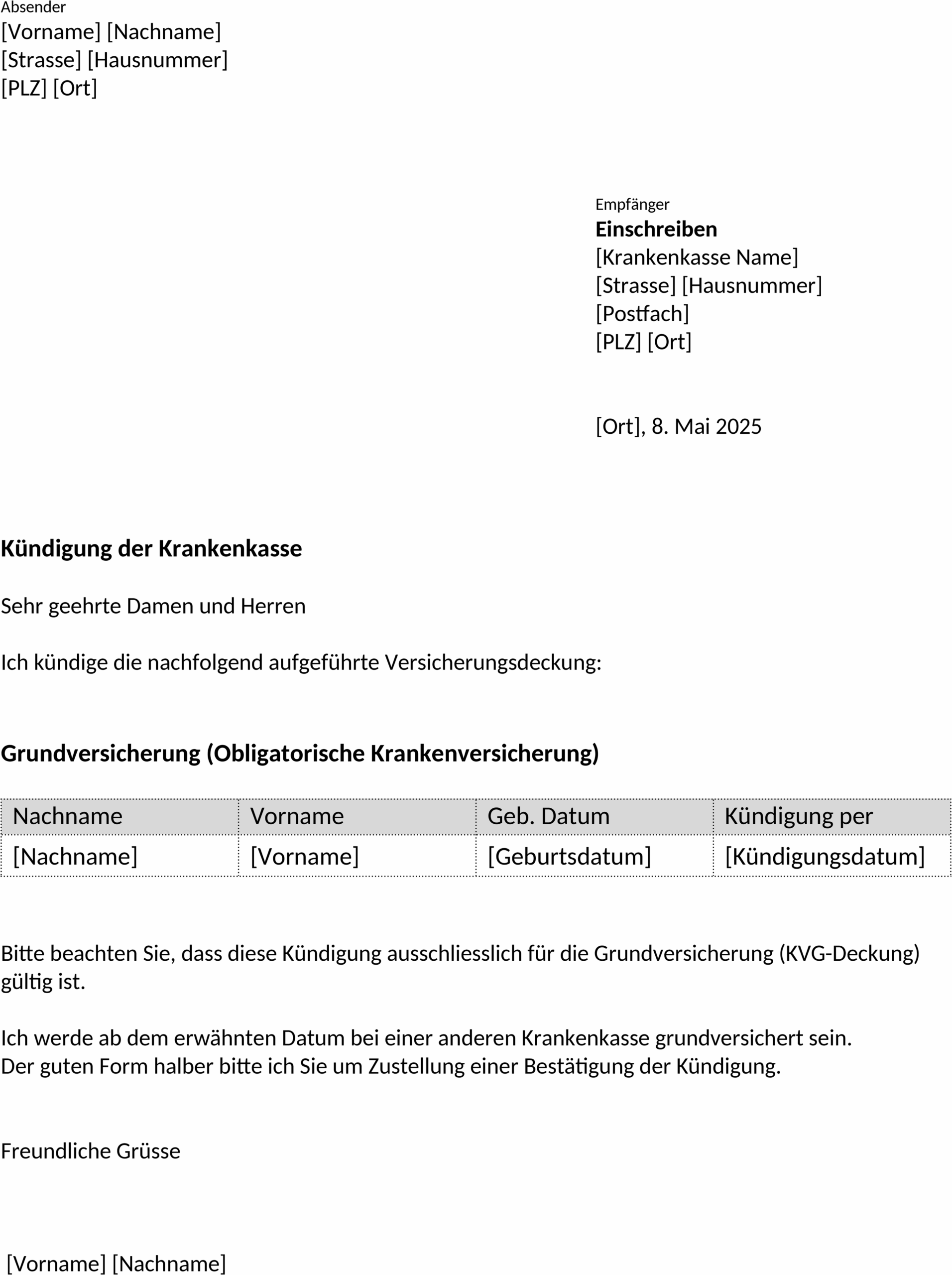 Kuendigungsschreiben Krankenkasse Vorlage