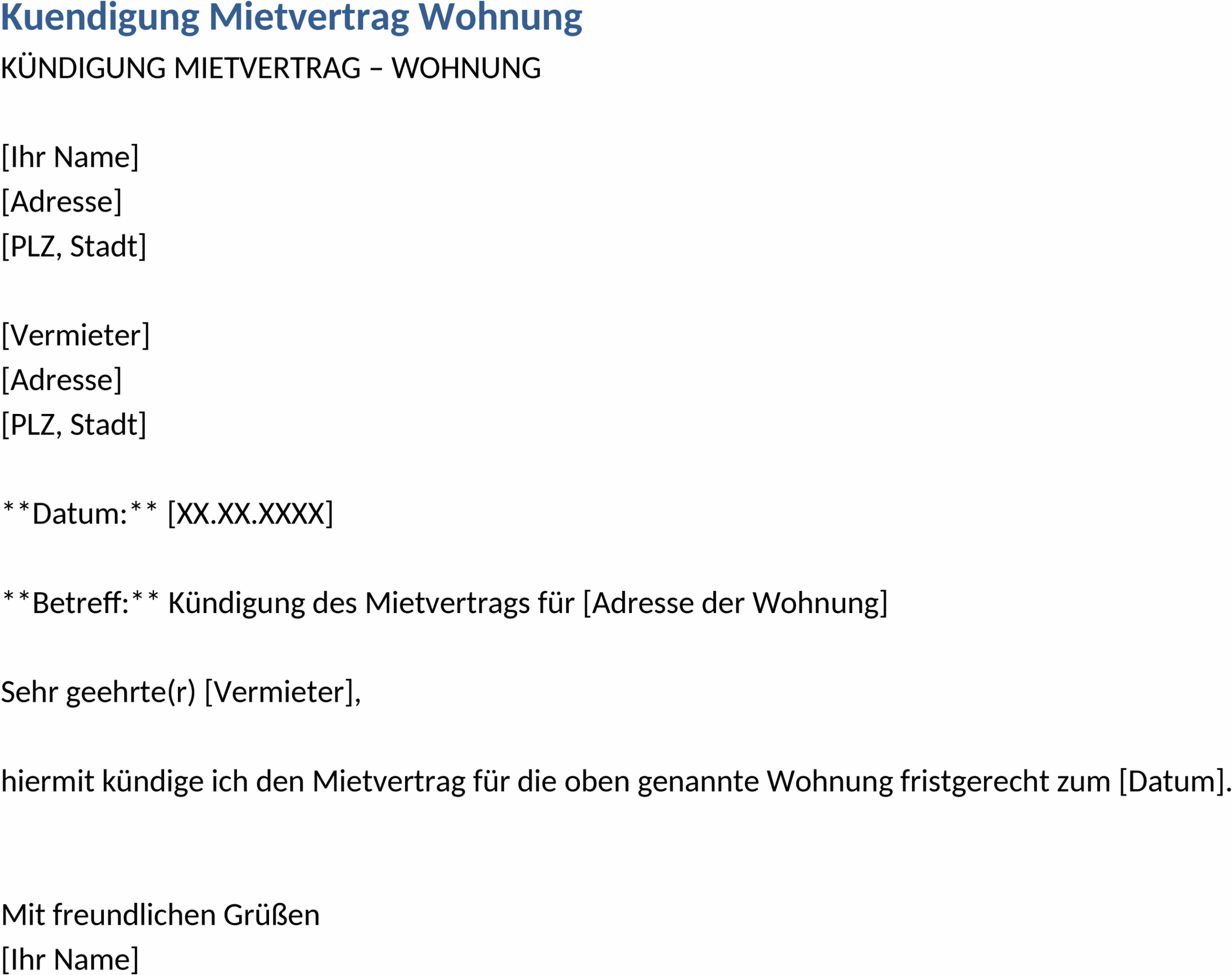 Kündigungsschreiben Mietvertrag Wohnung