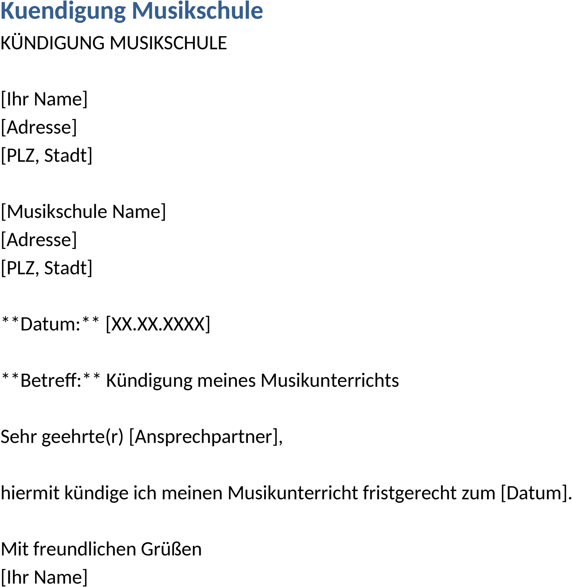 Kündigungsschreiben Musikschule Word-Vorlage