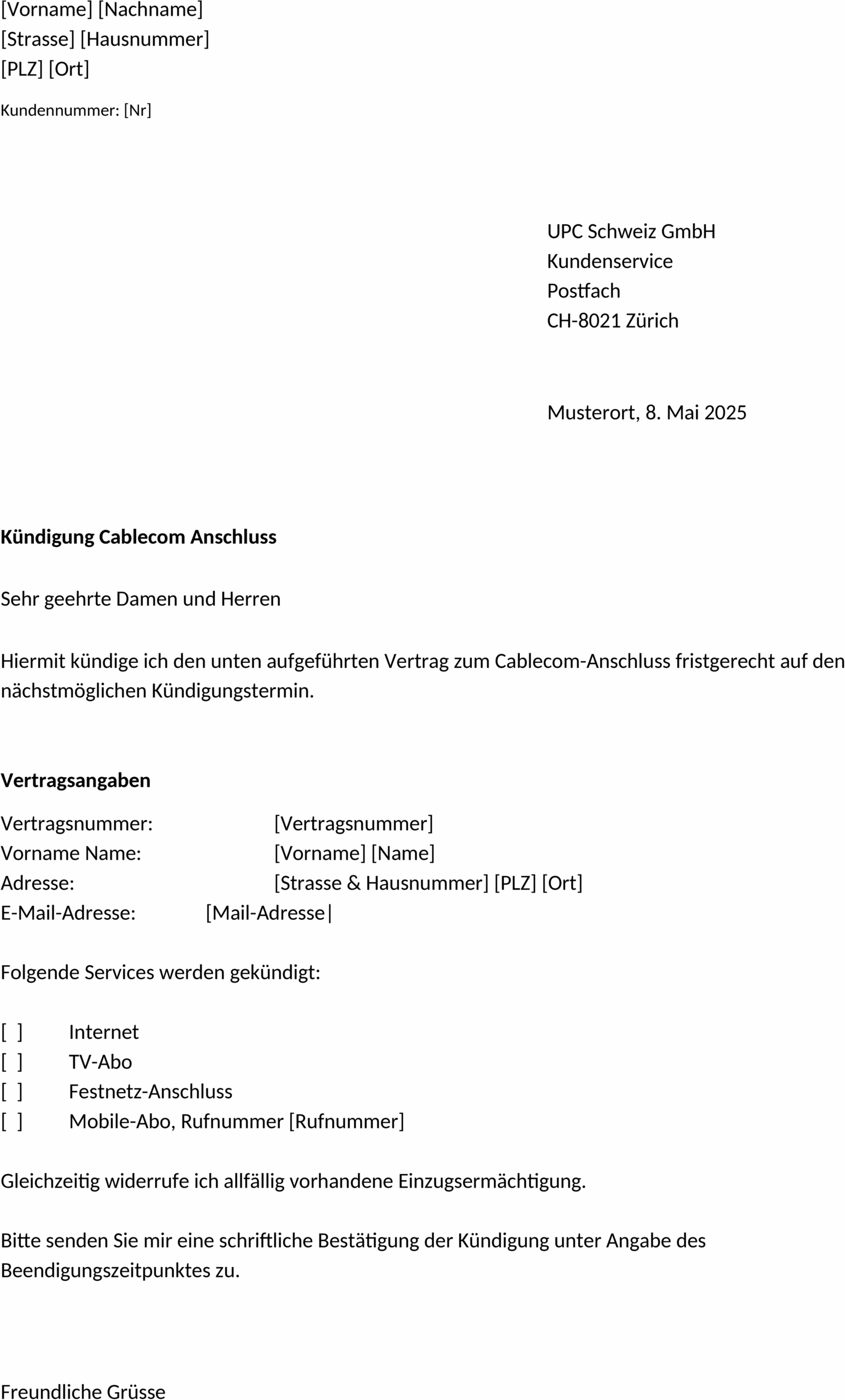 Kündigungsvorlage UPC Cablecom Word