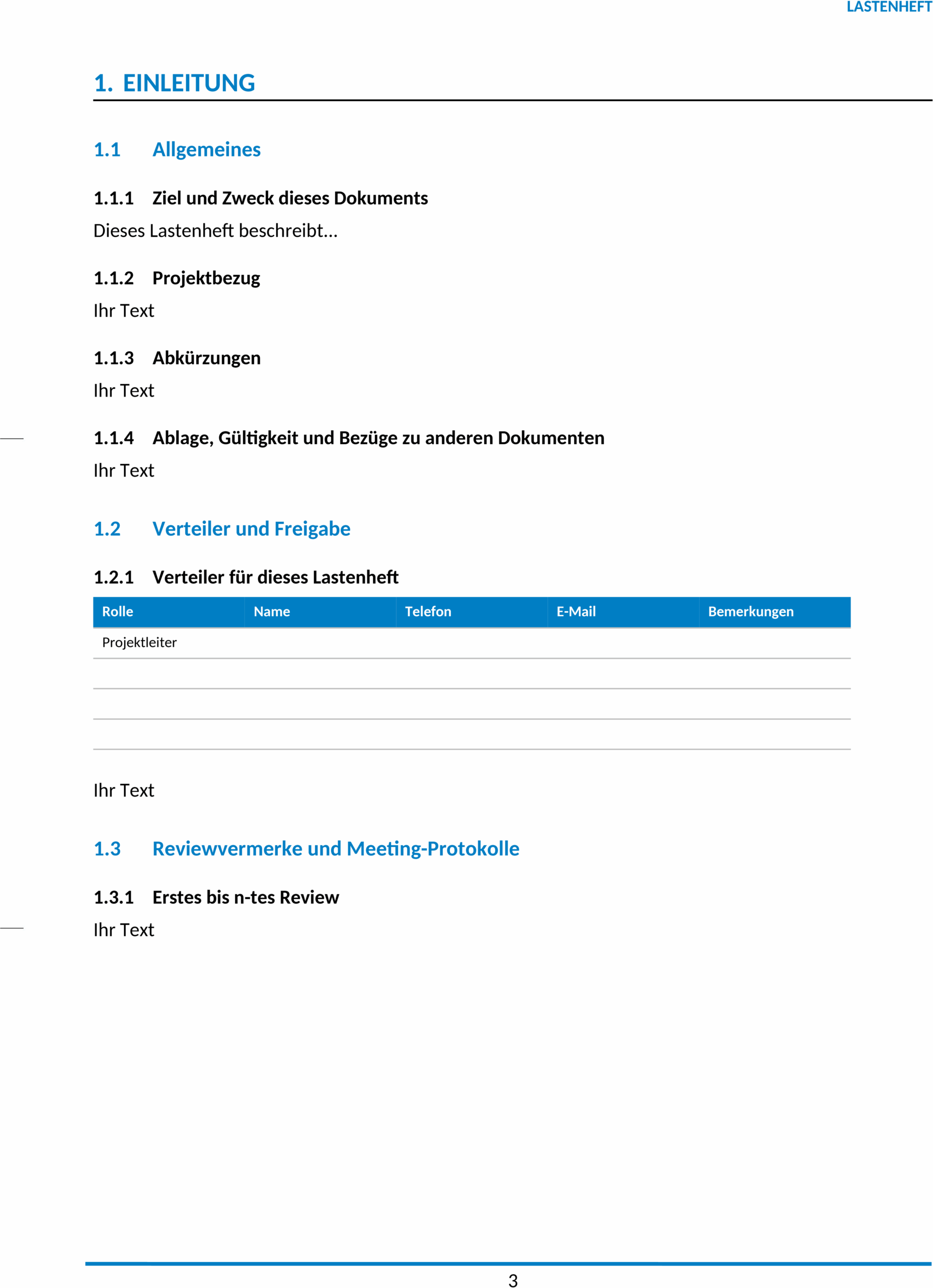 Word-Dokument Lastenheft für Projektplanung