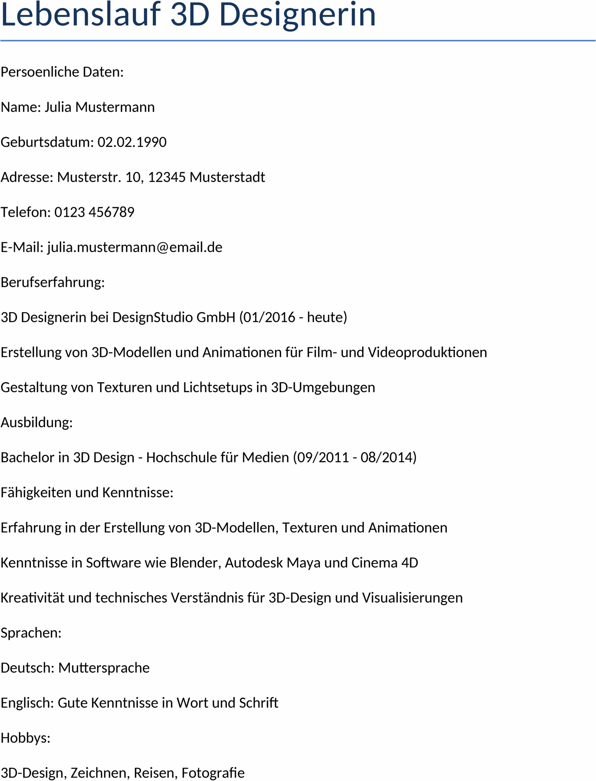Word-Datei Lebenslauf 3D-Designerin