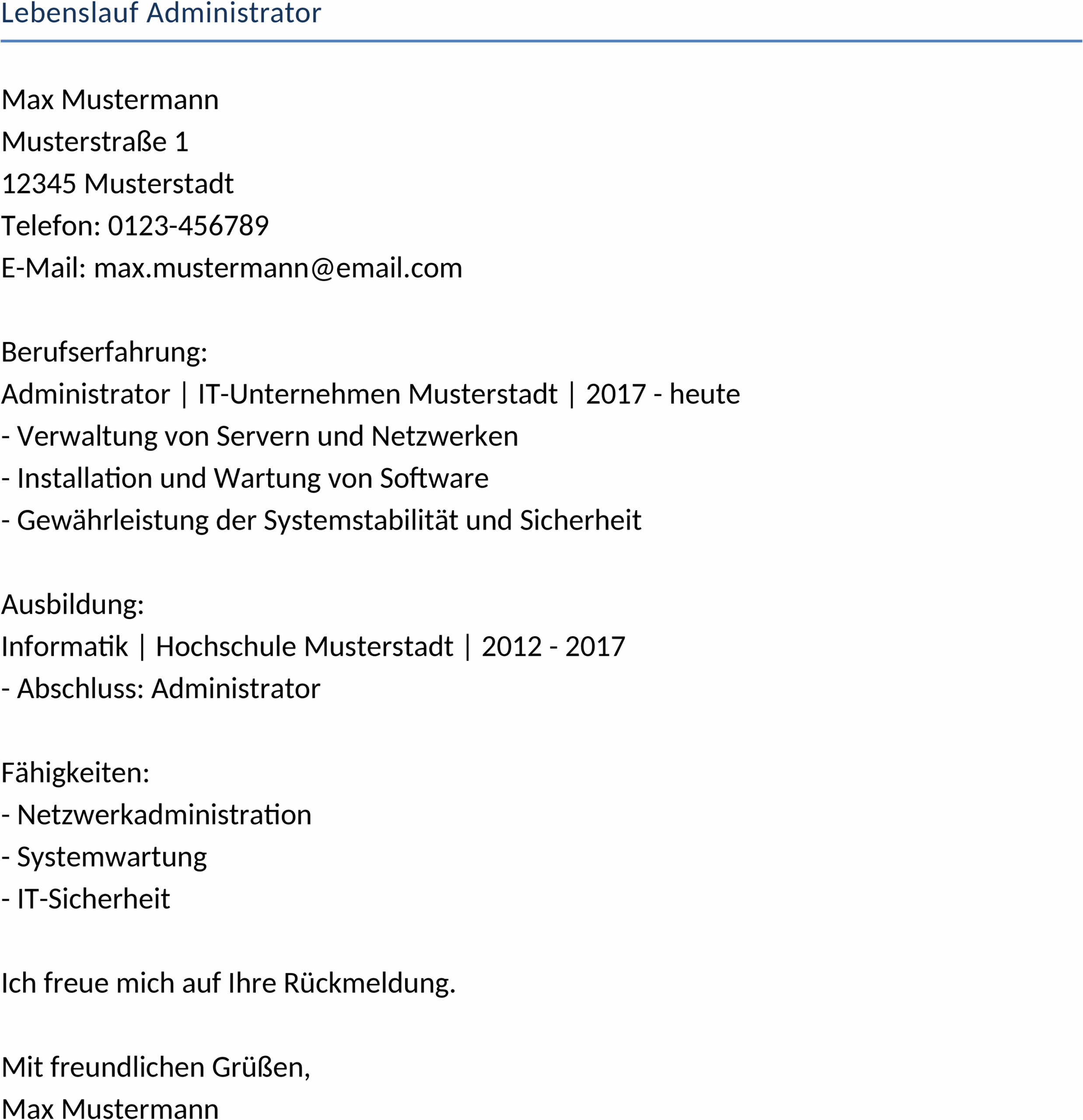 Lebenslauf als Word-Dokument für Administrator