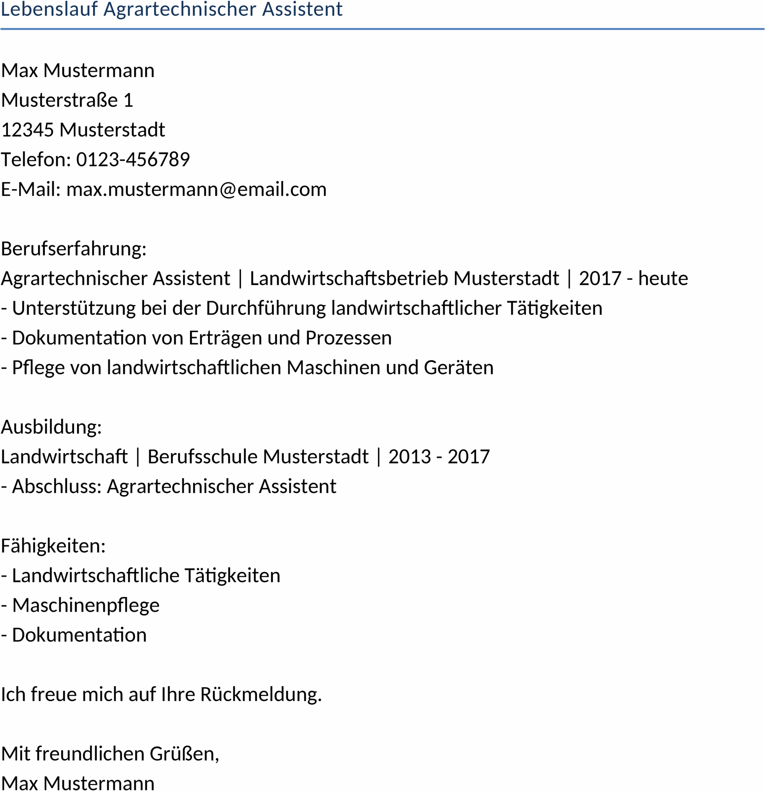 Lebenslauf Word Vorlage für Agrartechnische Assistenten