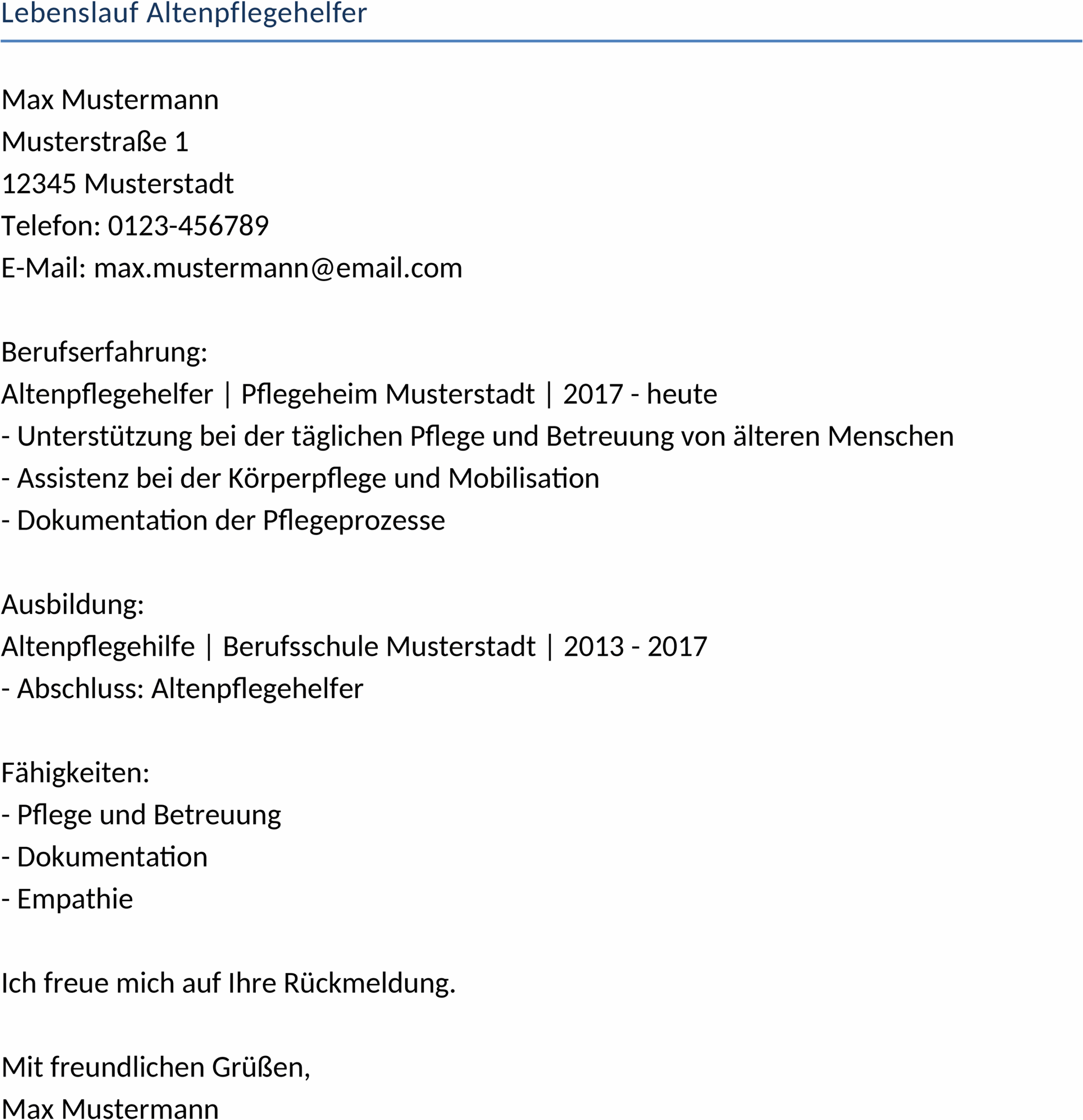 Lebenslauf im Word-Format für Altenpflegehelfer