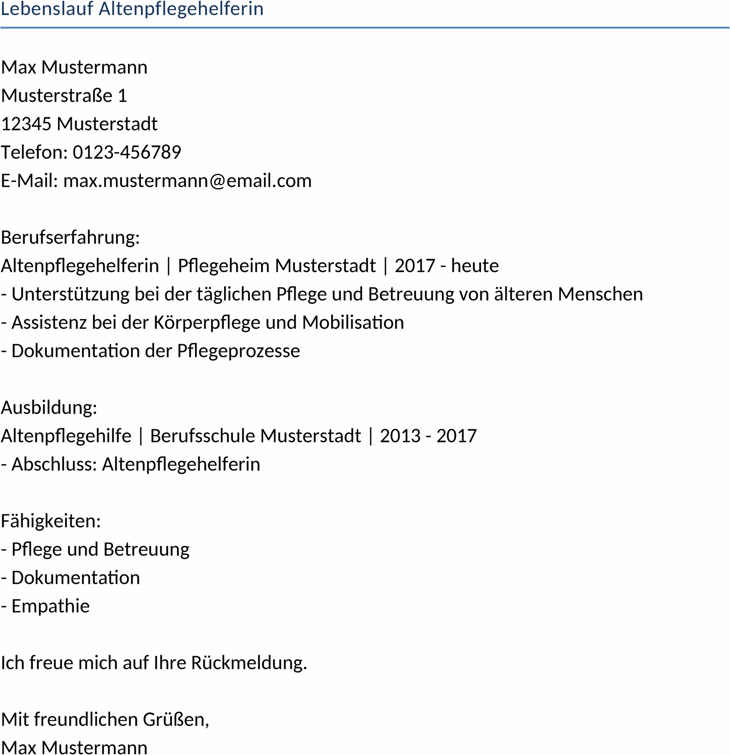 Word-Dokument Lebenslauf Altenpflegehelferin