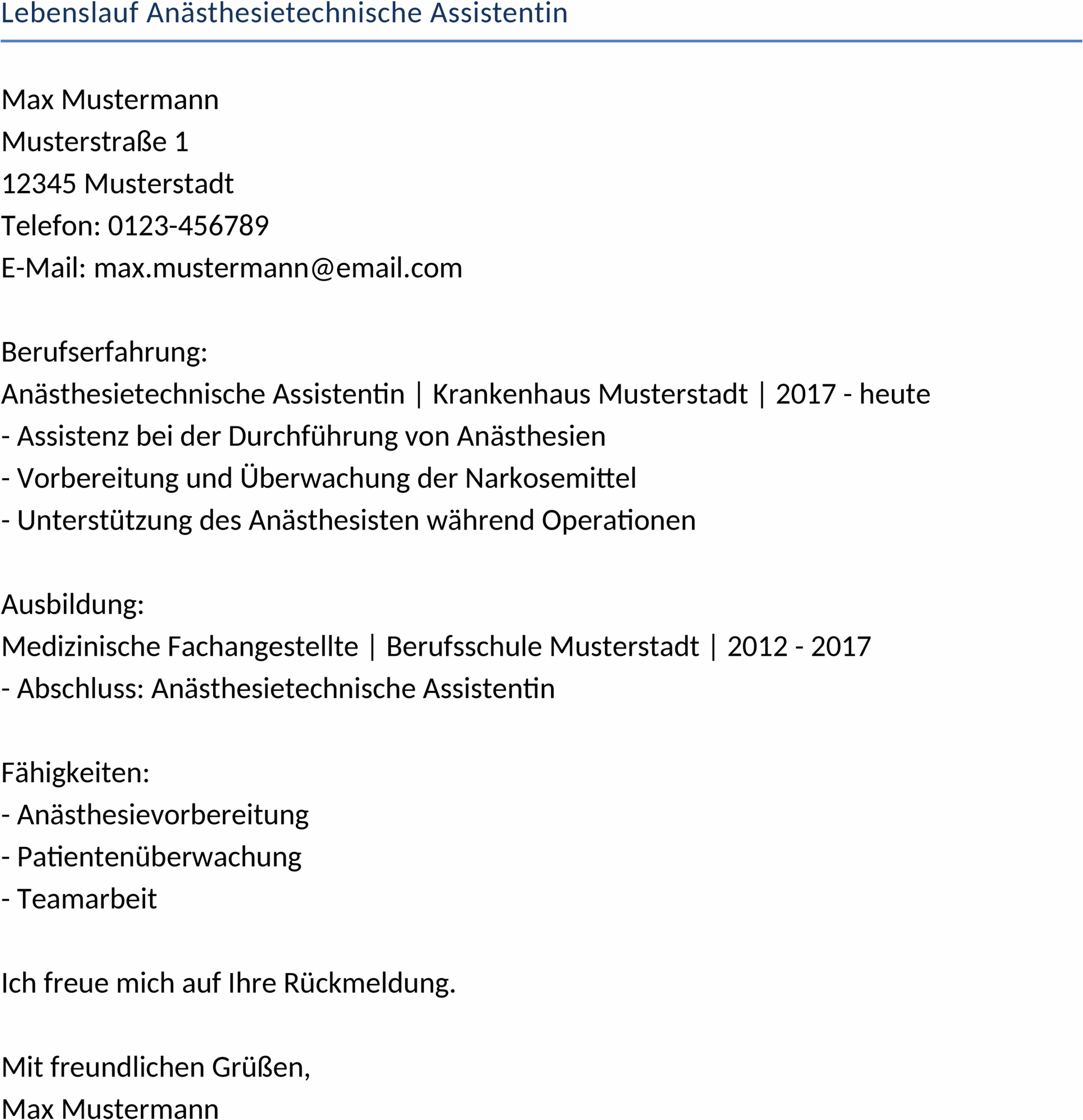 Lebenslauf für Anästhesietechnische Assistentin