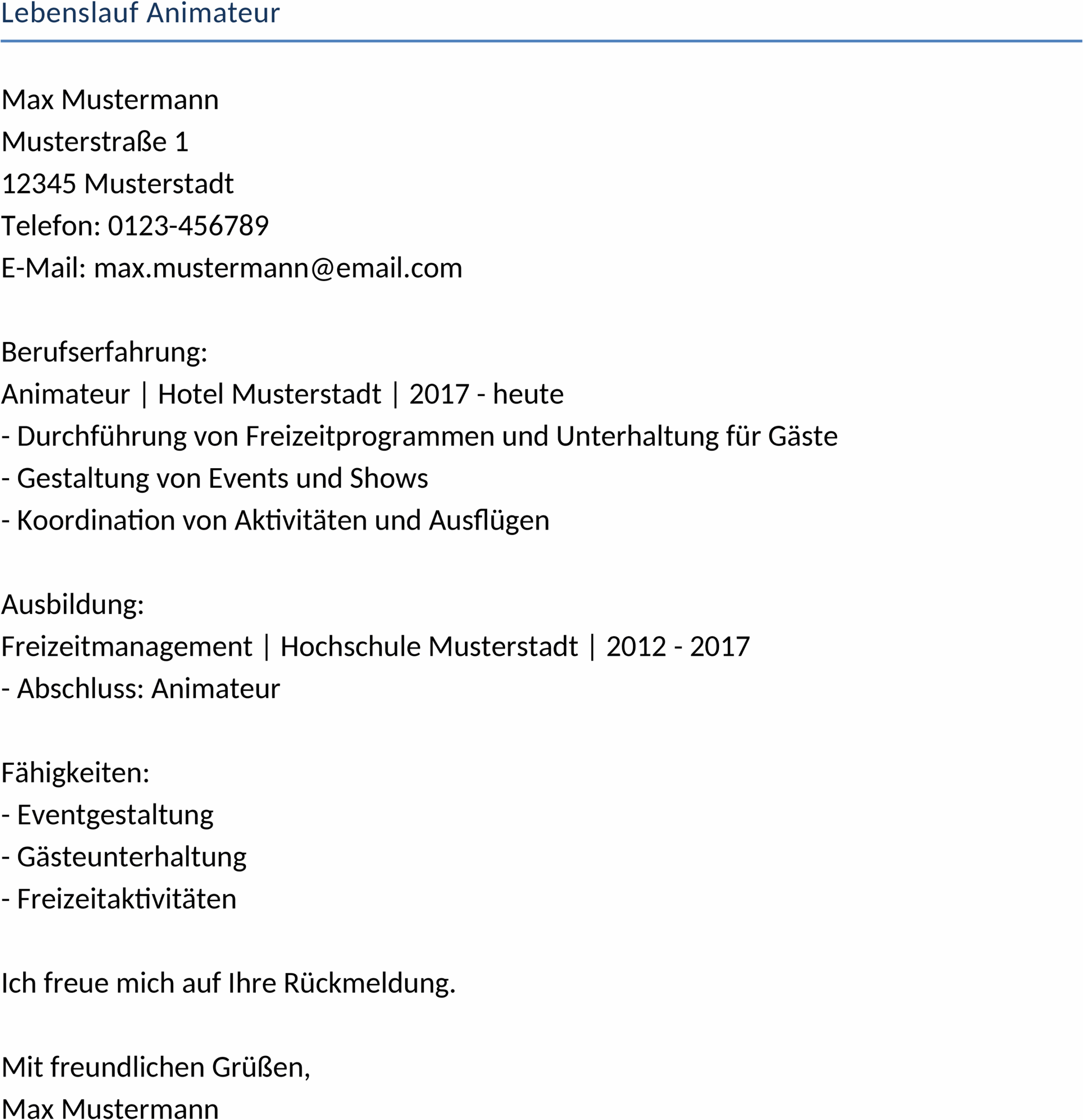 Lebenslauf Animateur Word-Datei