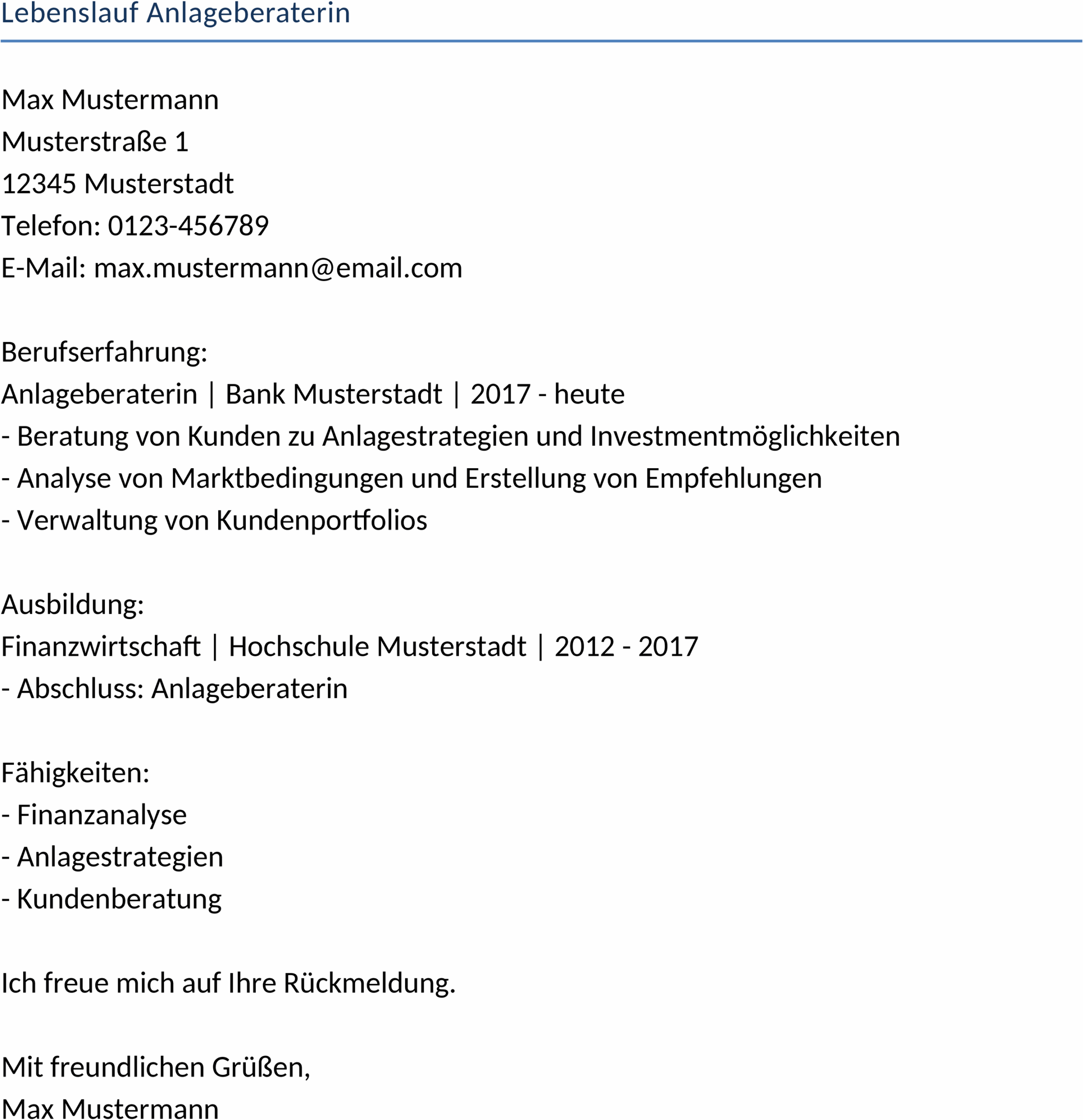Lebenslauf Vorlage Anlageberaterin