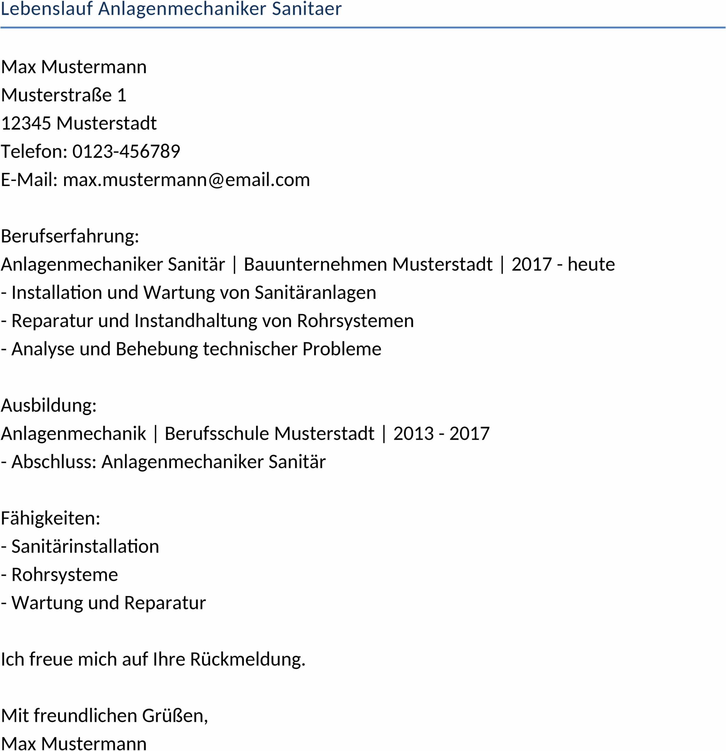 Lebenslauf im Word-Format für Anlagenmechaniker im Bereich Sanitär
