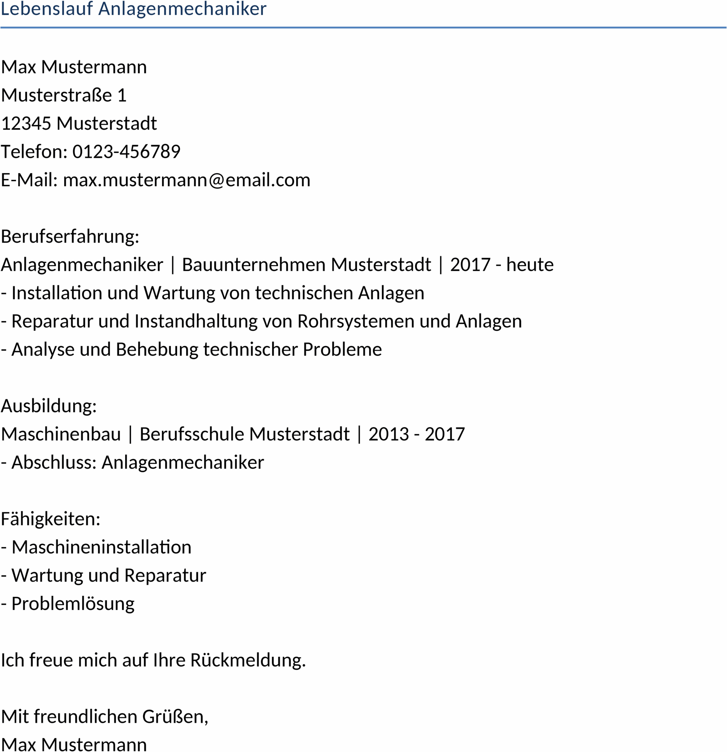 Word-Vorlage Lebenslauf Anlagenmechaniker