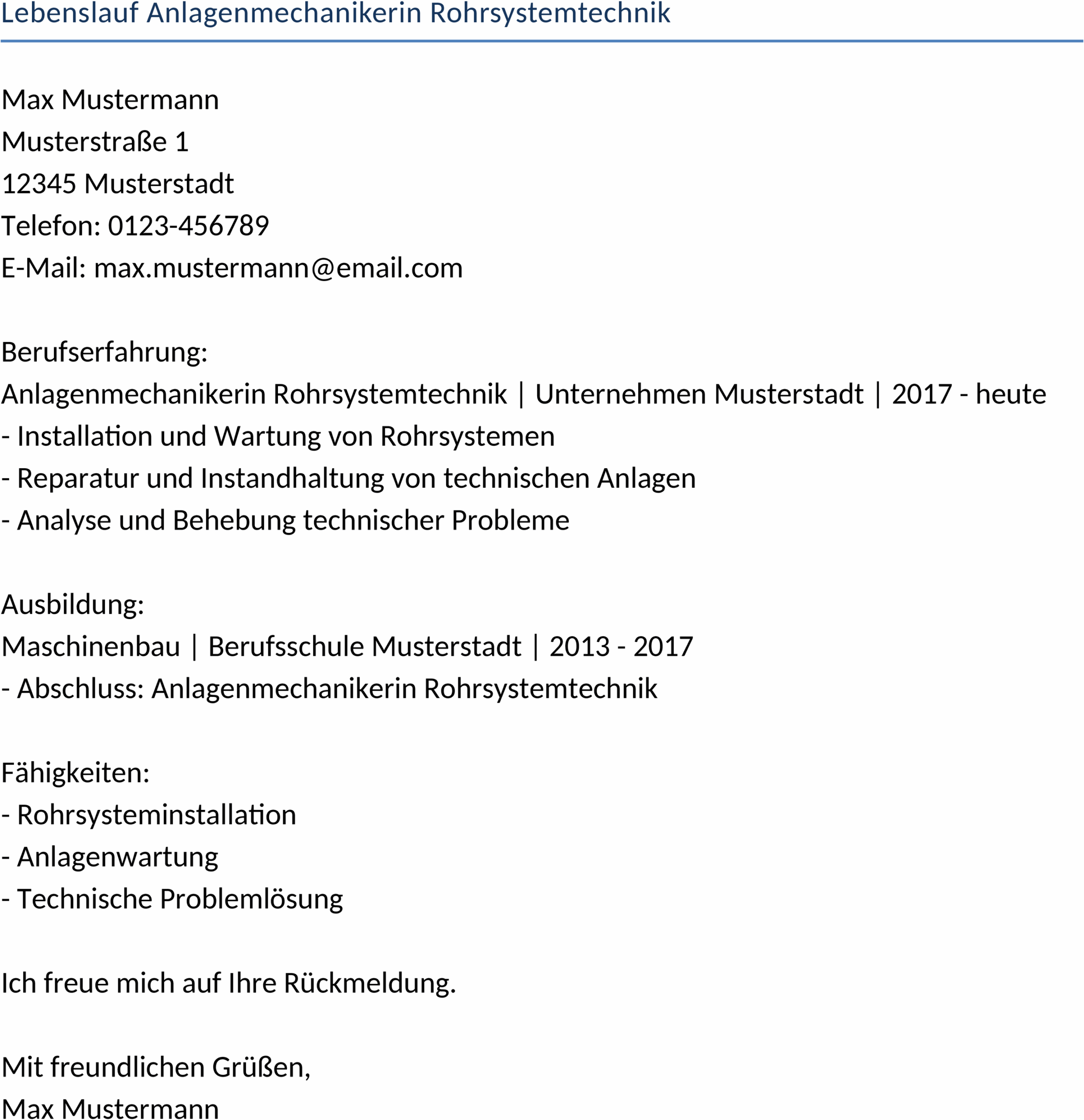 Lebenslauf Anlagenmechanikerin Rohrsystemtechnik Vorlage