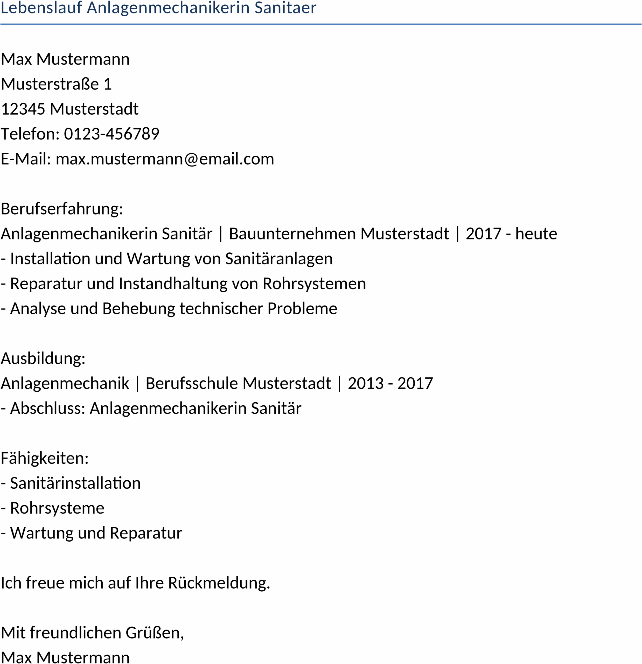 Lebenslauf Vorlage Anlagenmechanikerin Sanitaer