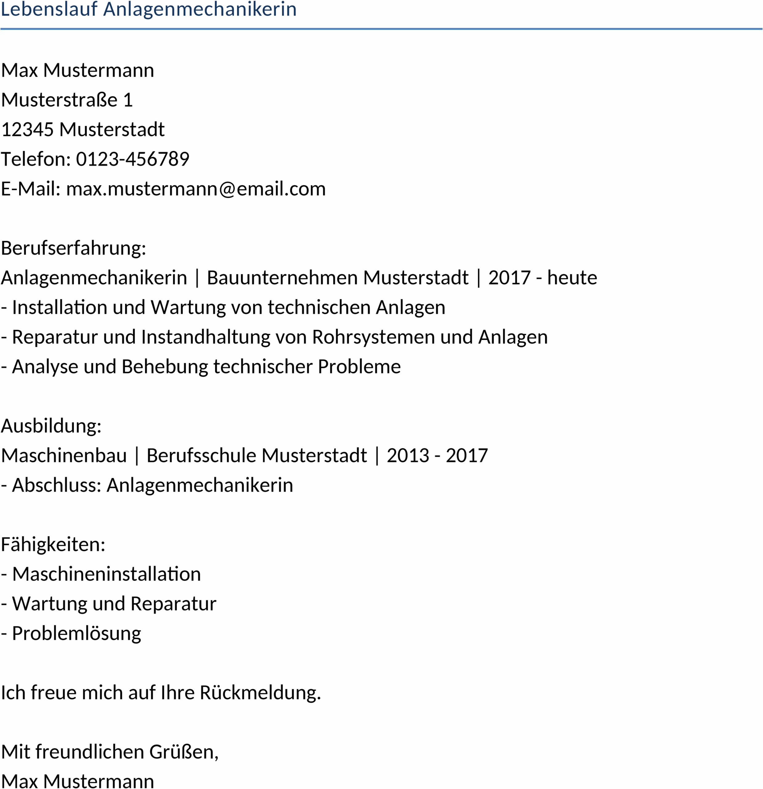 Lebenslauf Anlagenmechanikerin Word-Dokument