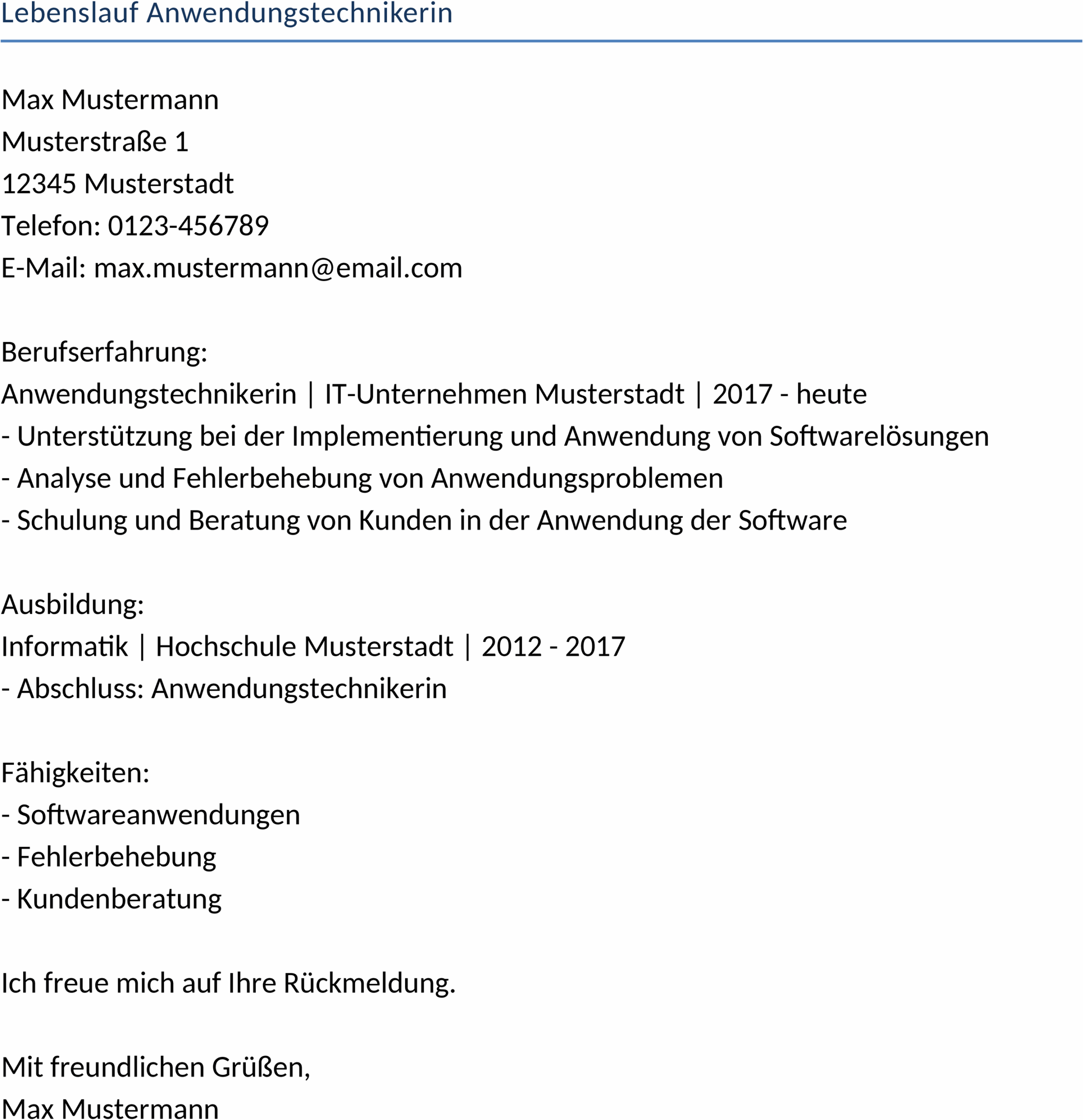 Word-Vorlage Lebenslauf Anwendungstechnikerin