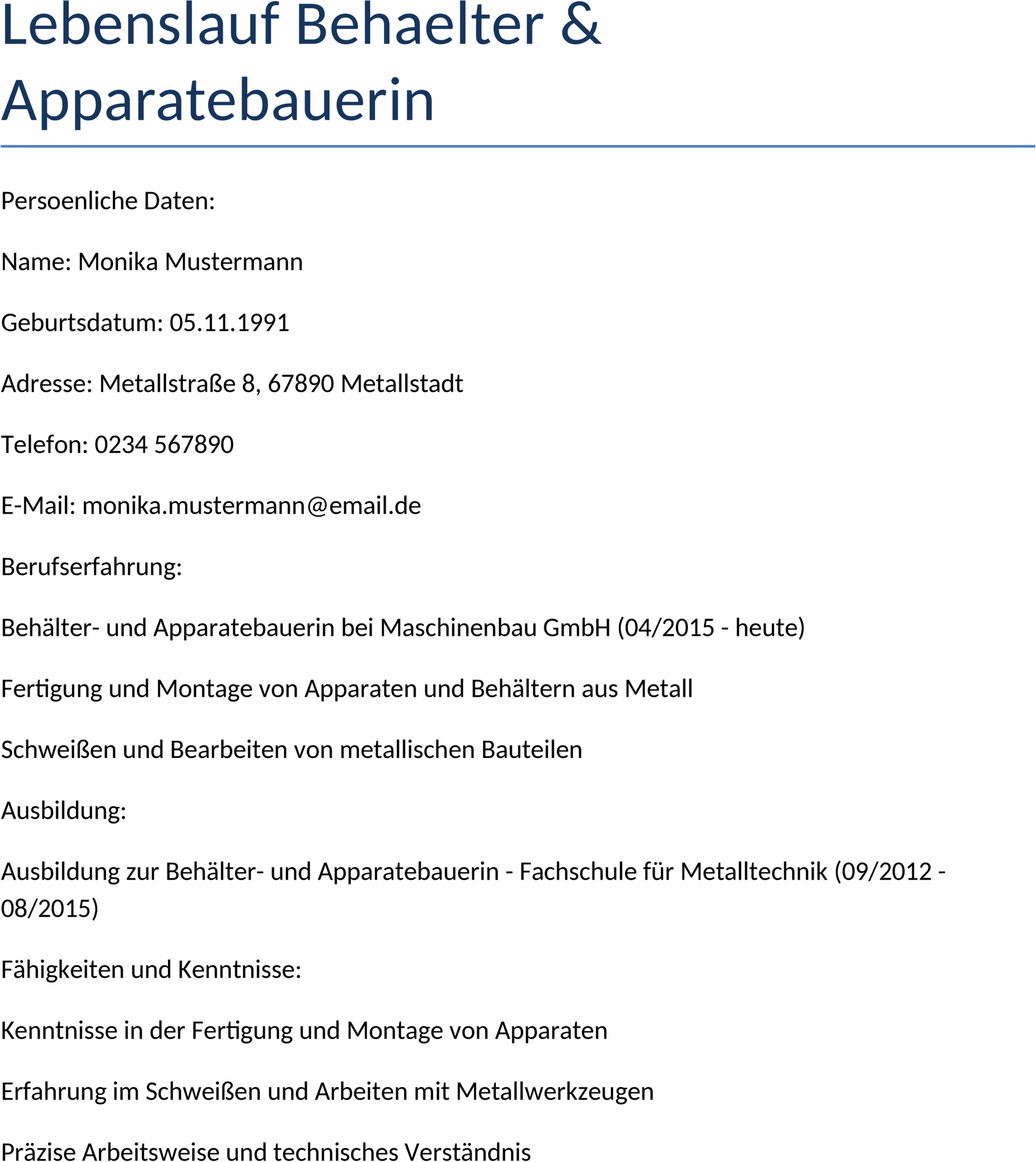 Lebenslauf als Word-Dokument für Apparatebauerin