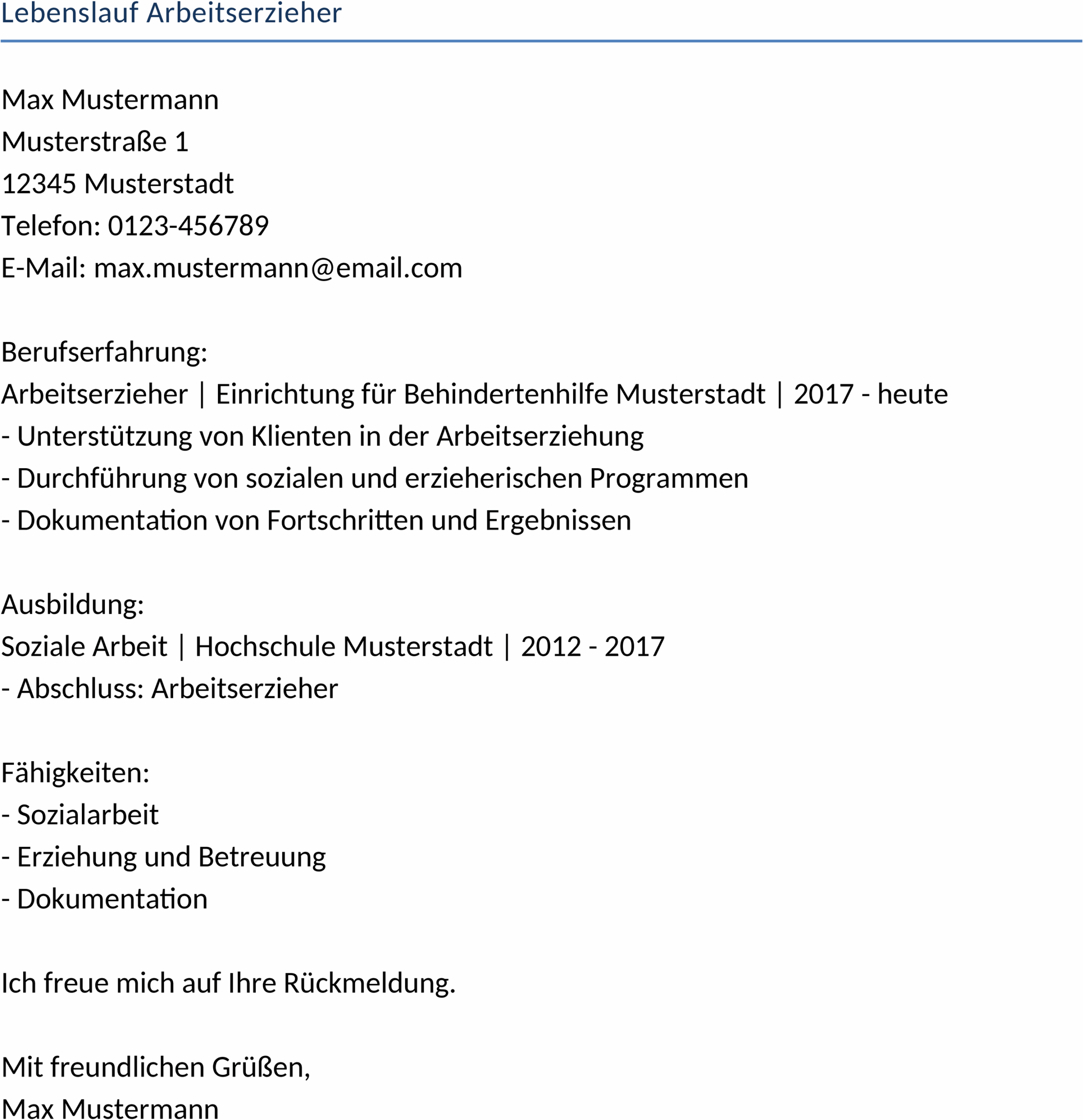Lebenslauf für Arbeitserzieher Word