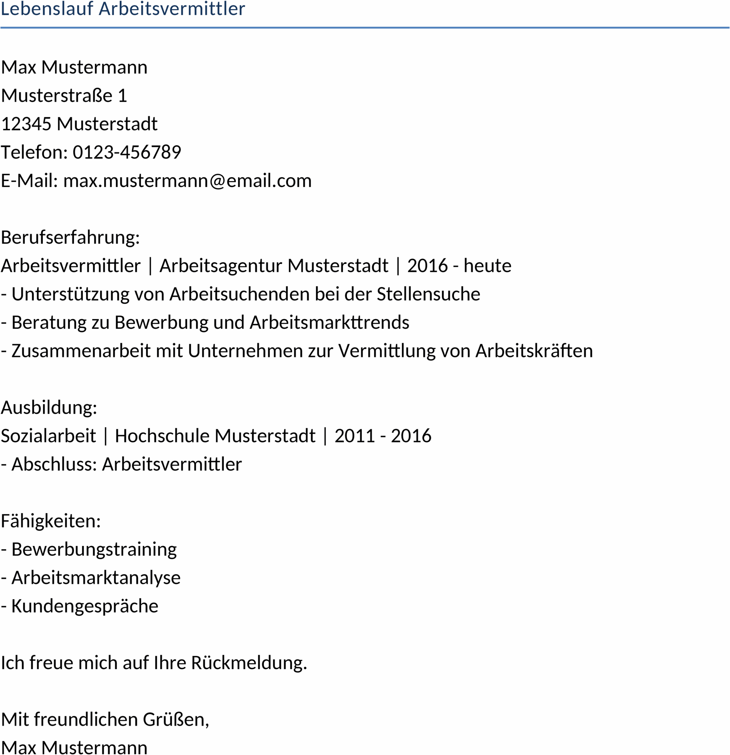 Word-Template Lebenslauf für Arbeitsvermittler