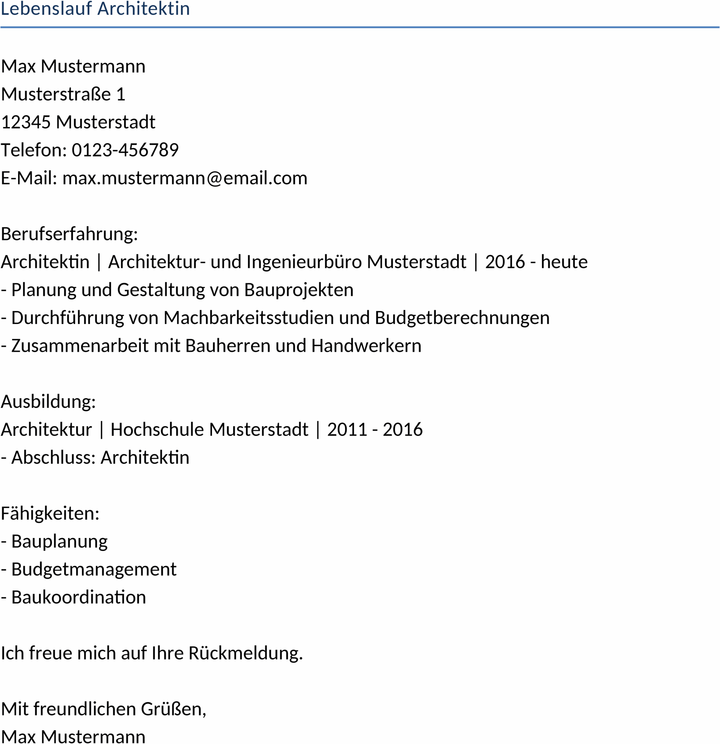 Lebenslauf für Architektinnen als Word-Datei