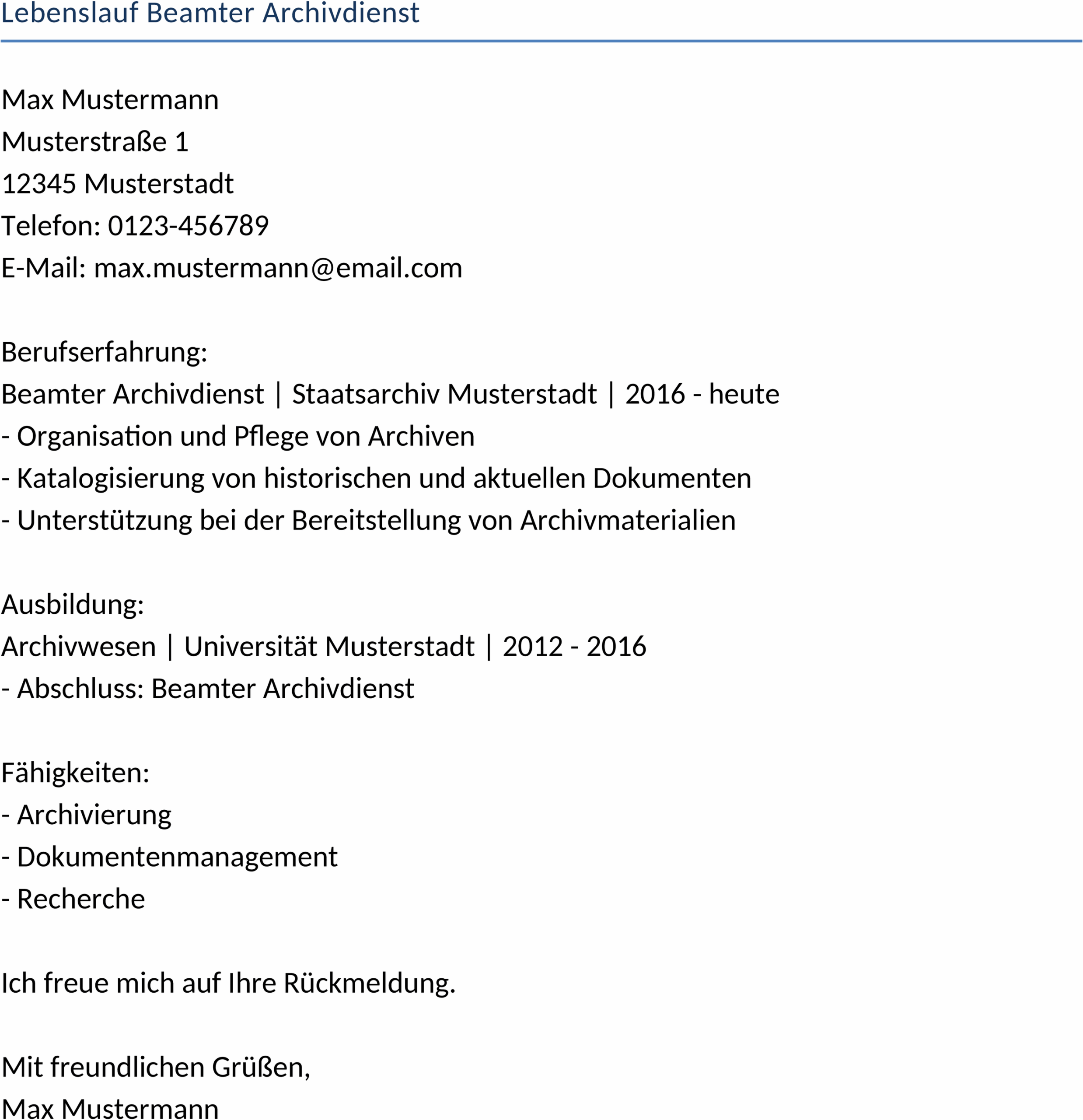 Lebenslauf-Word-Vorlage für Beamte im Archivdienst
