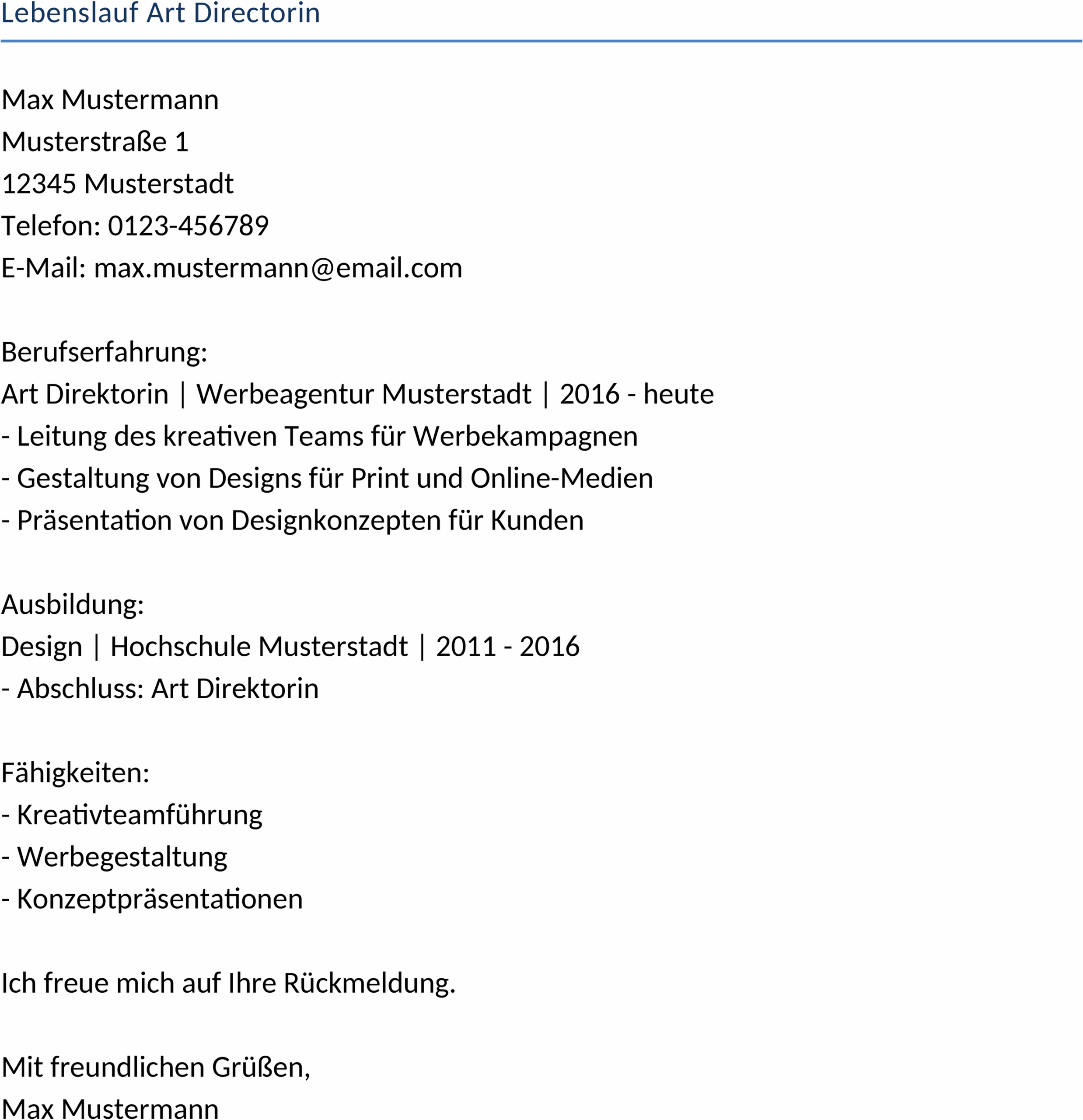 Lebenslauf Word Vorlage Art Director