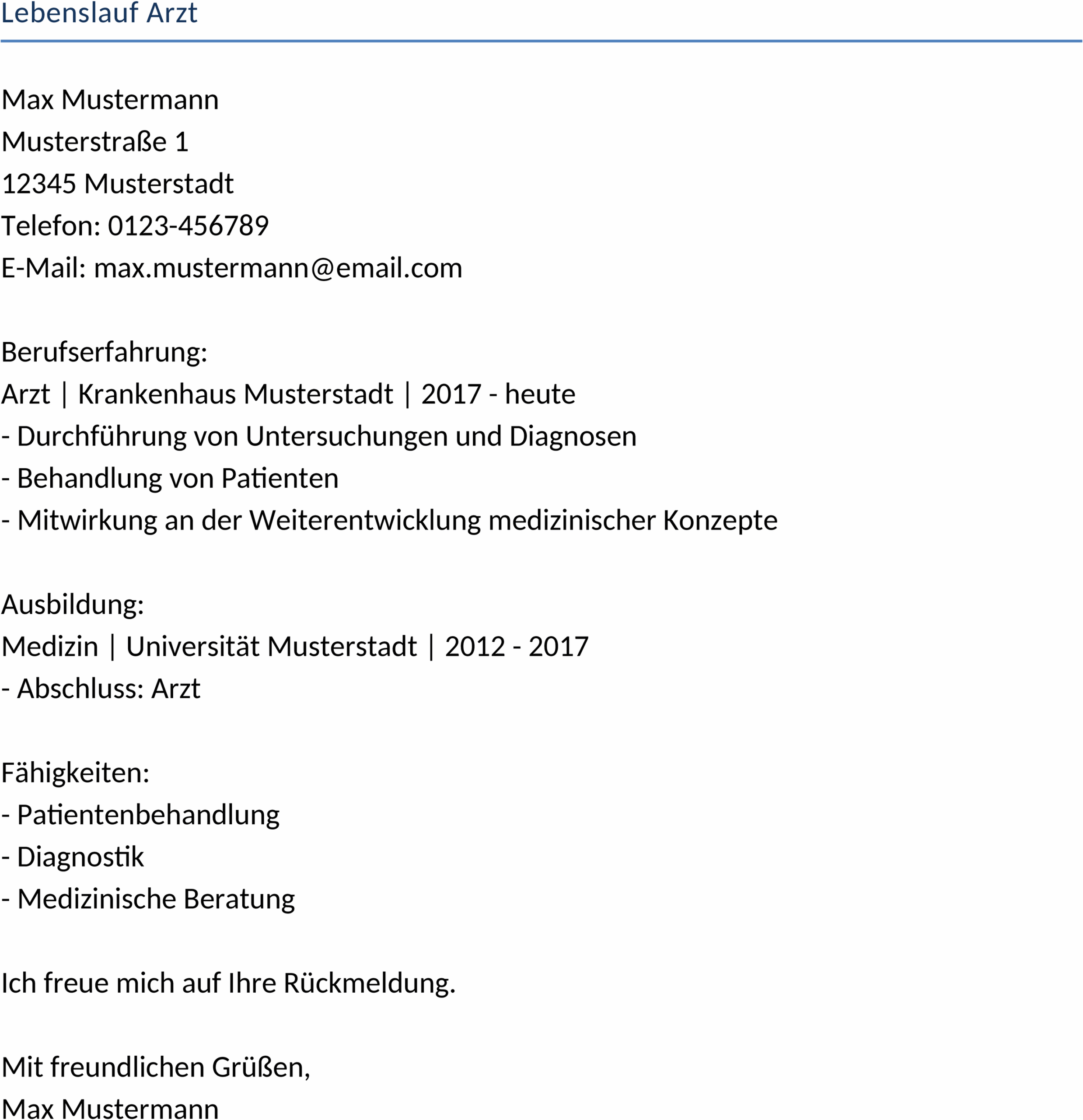 Lebenslauf für einen Arzt in Word-Format
