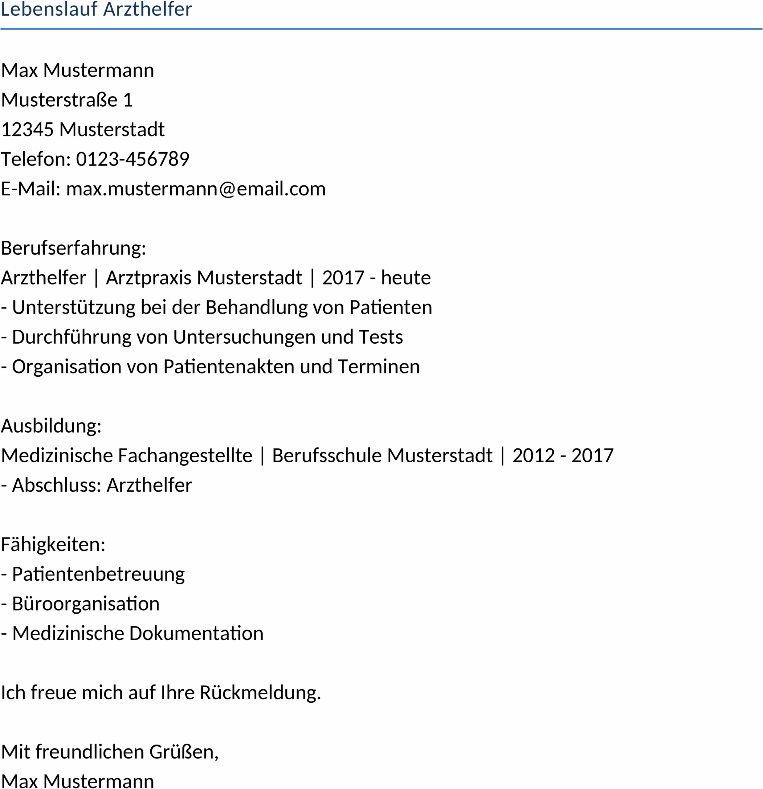 Lebenslauf im DOCX-Format für Arzthelfer