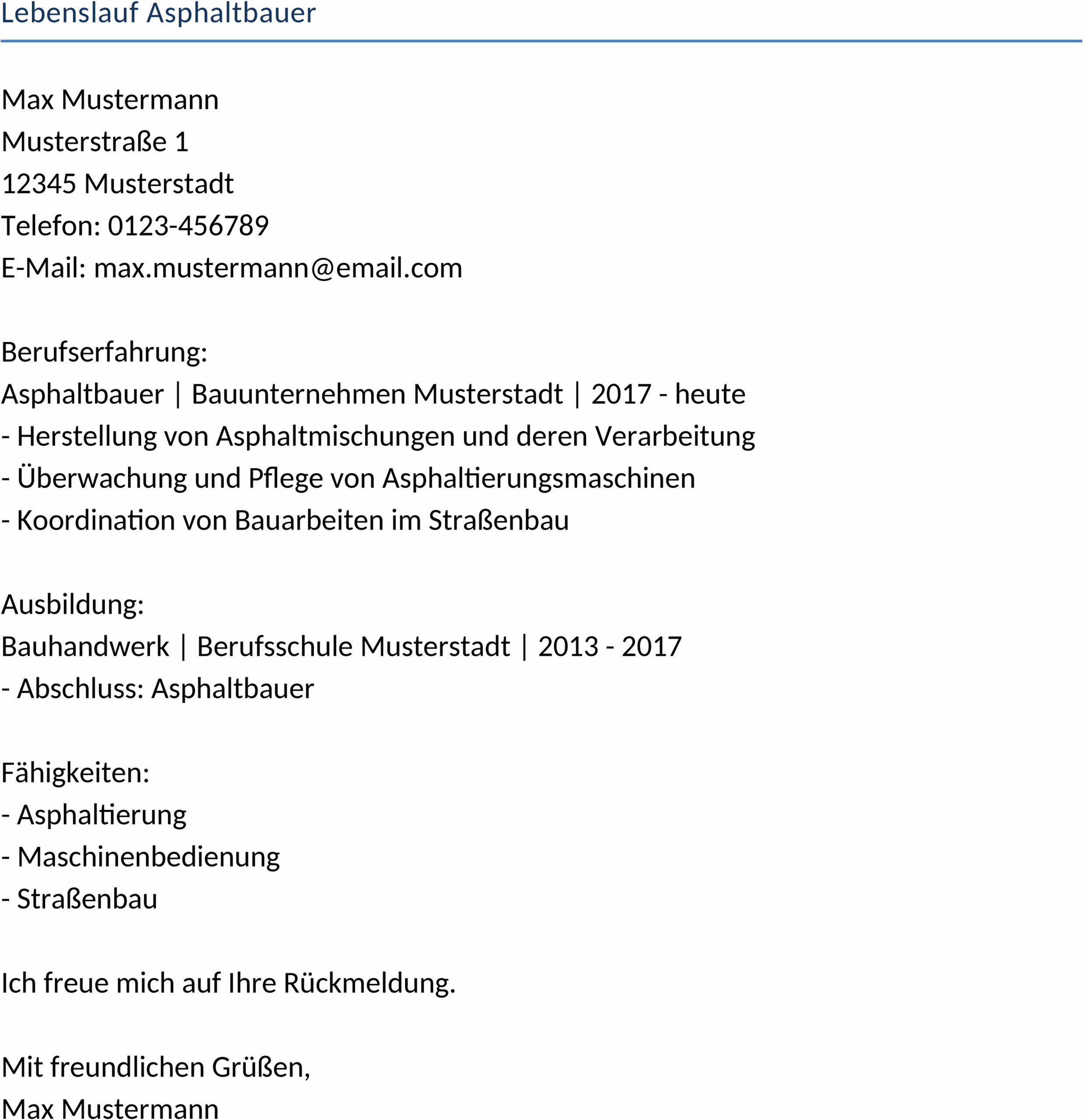 Lebenslauf Vorlage für Asphaltbauer