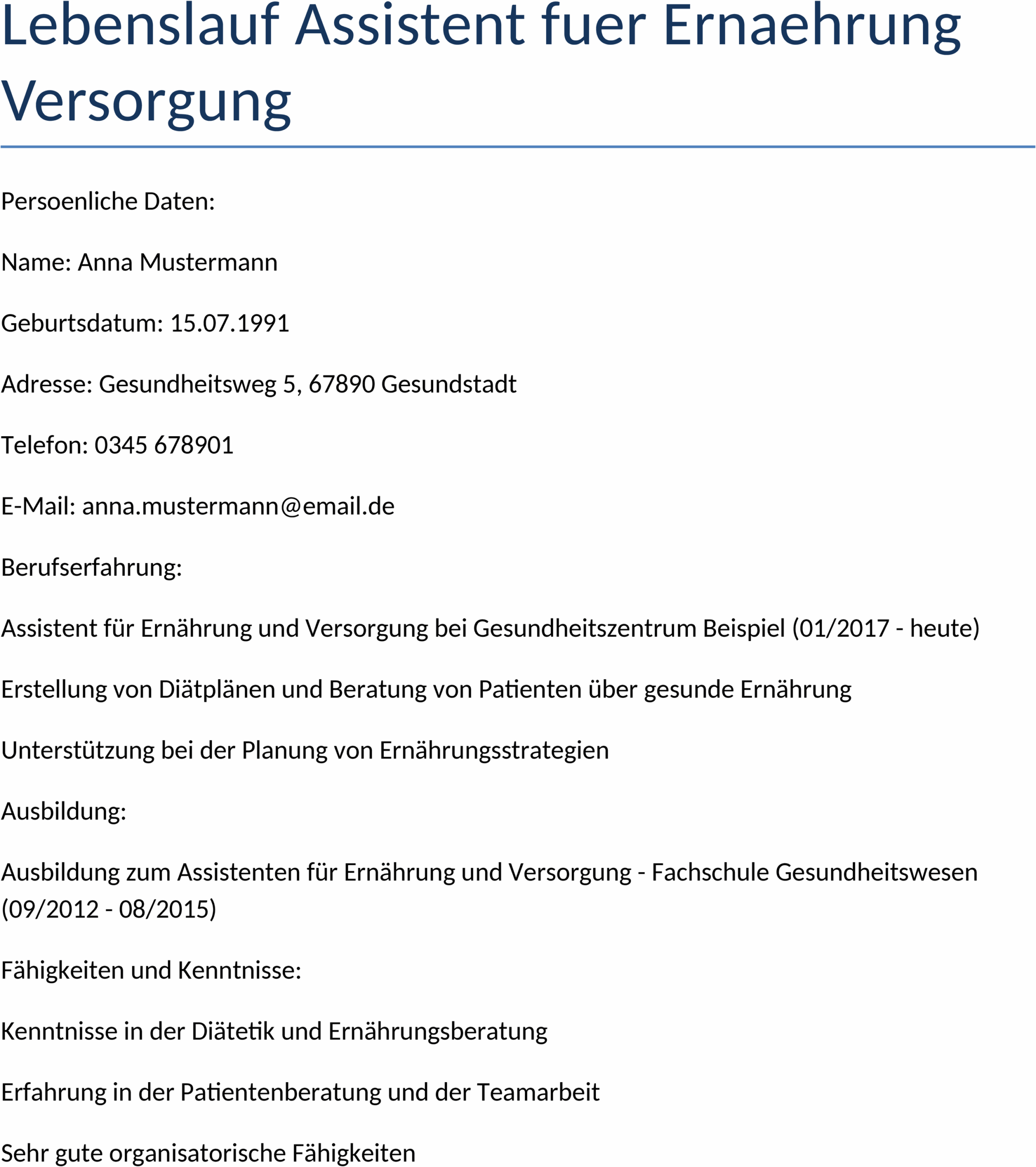 Lebenslauf-Assistent im Bereich Ernährung und Versorgung