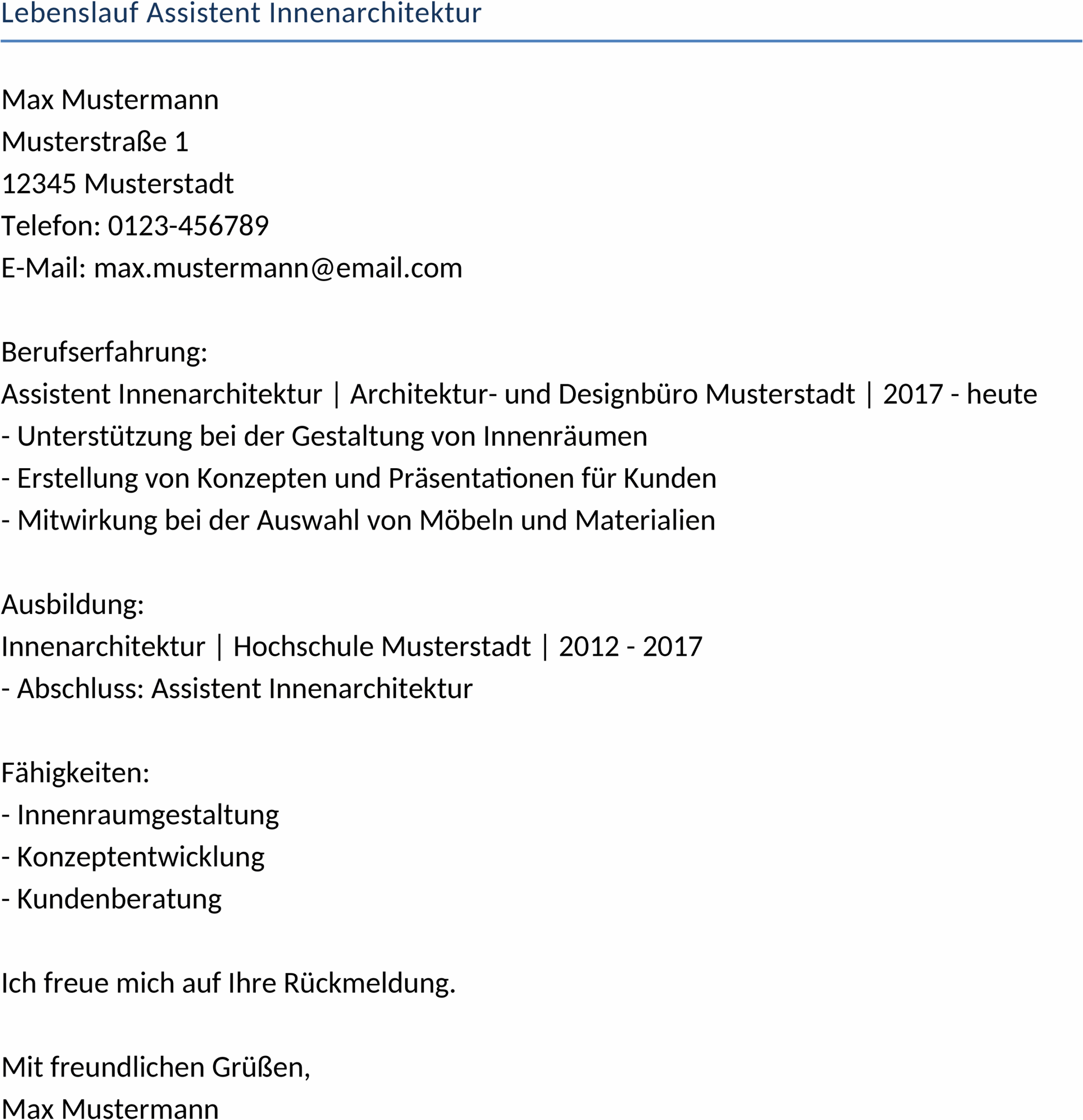 Lebenslauf Assistent Innenarchitektur Word