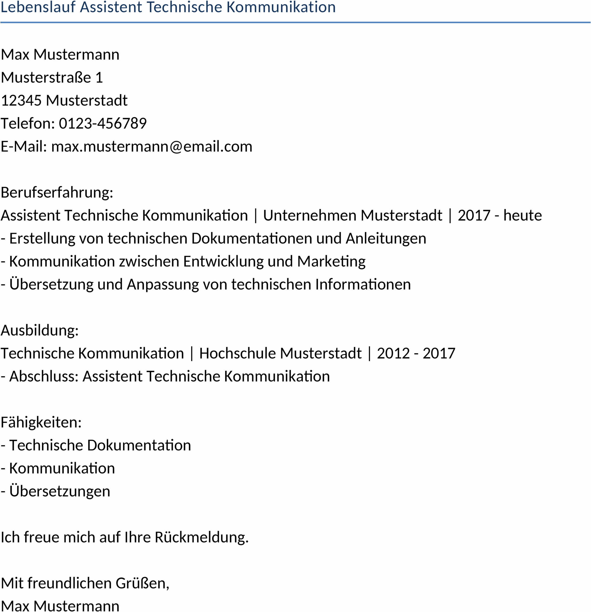 Lebenslauf Assistent Technische Kommunikation