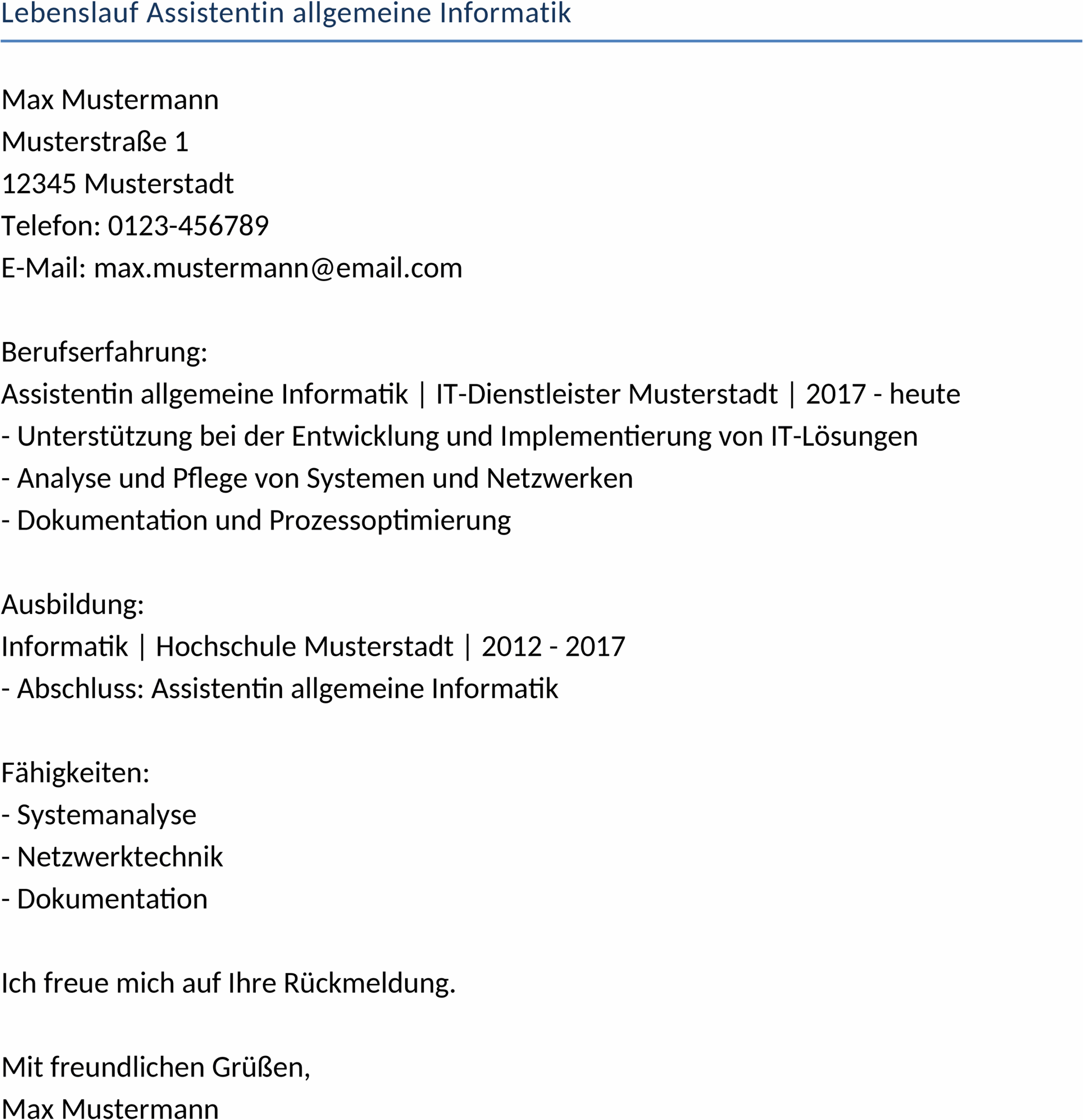 Word-Lebenslaufvorlage Assistentin Informatik