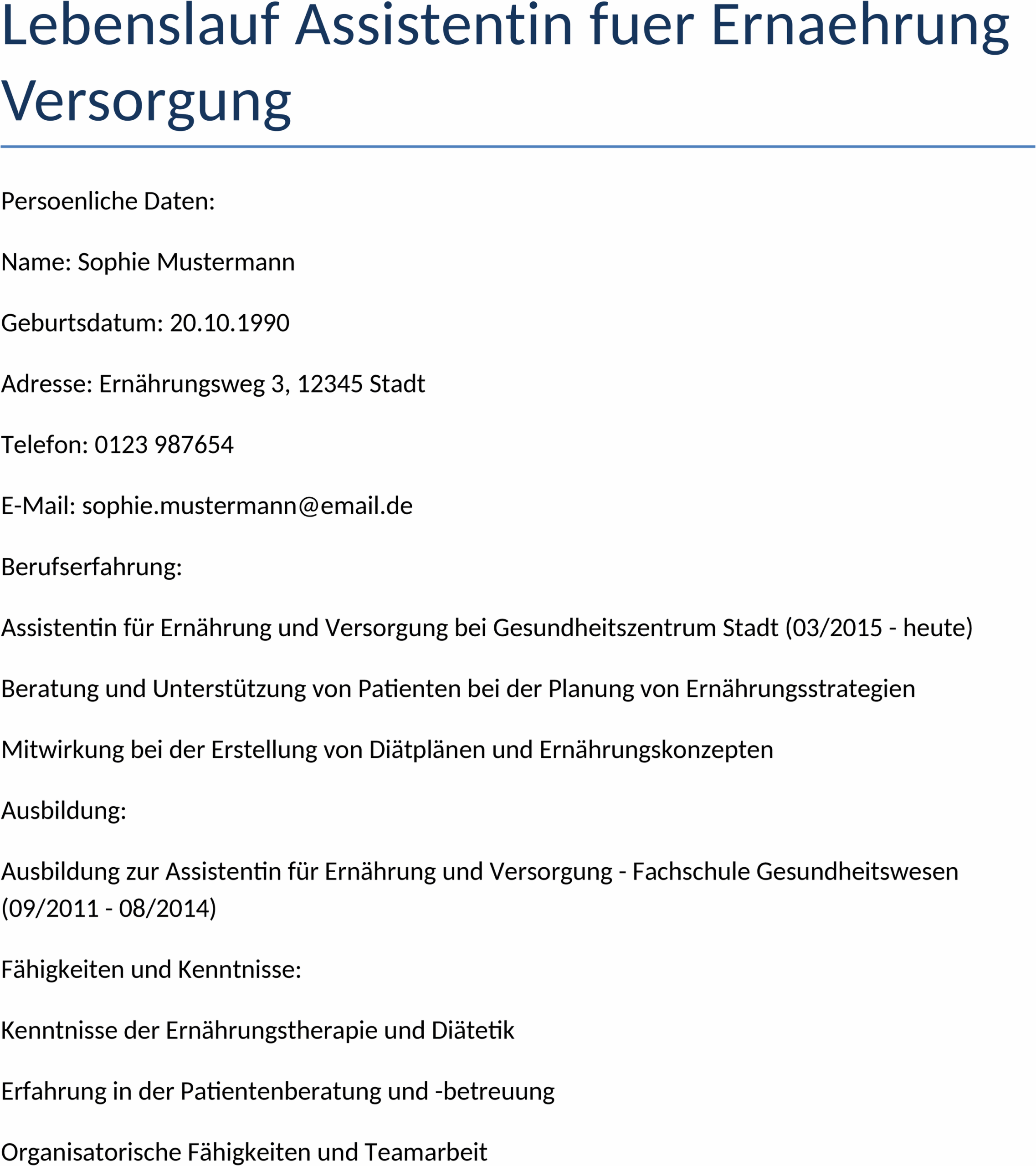 Lebenslauf Vorlage für Assistentin Ernährung und Versorgung