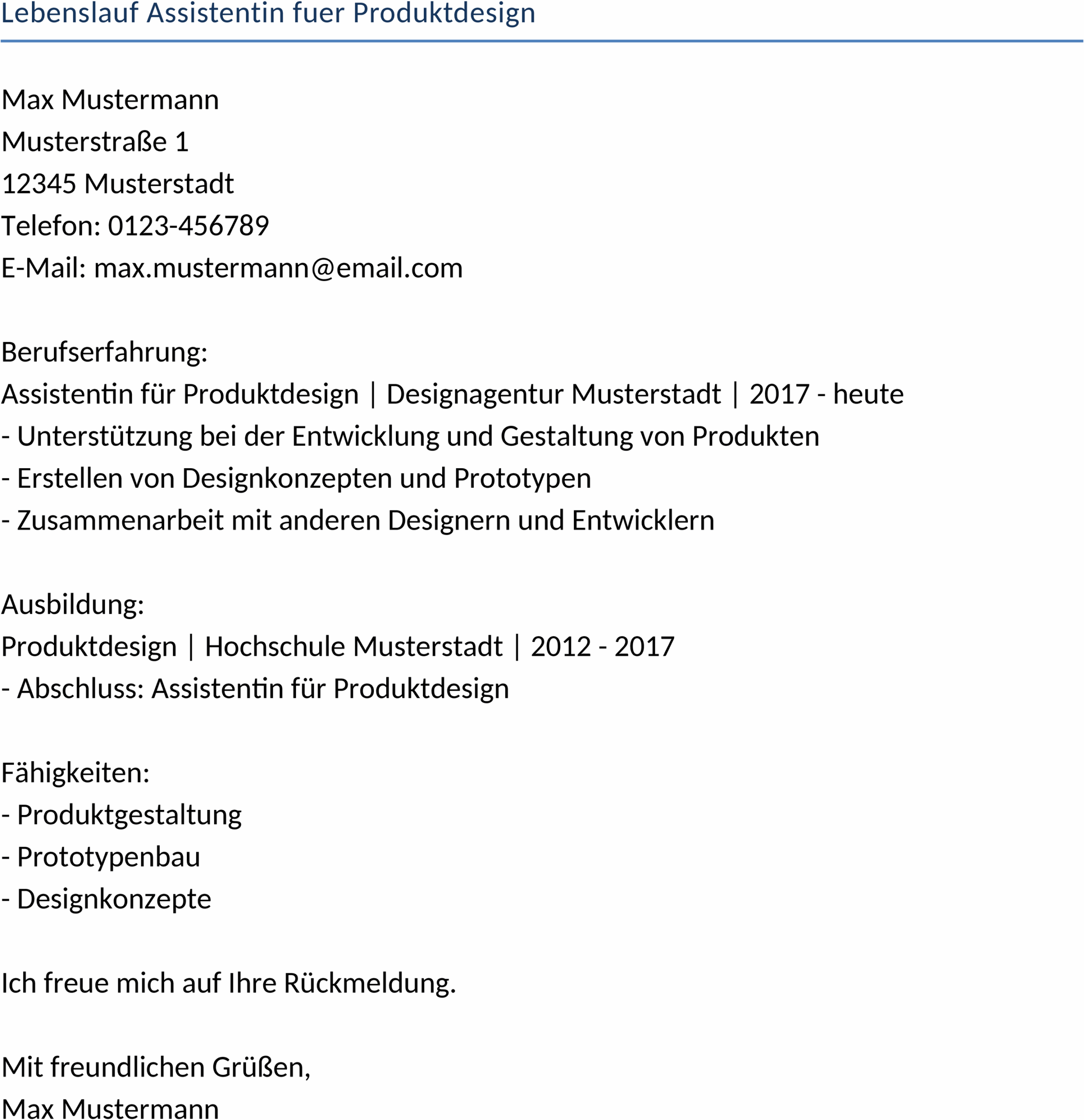 Lebenslauf für Assistentin im Produktdesign