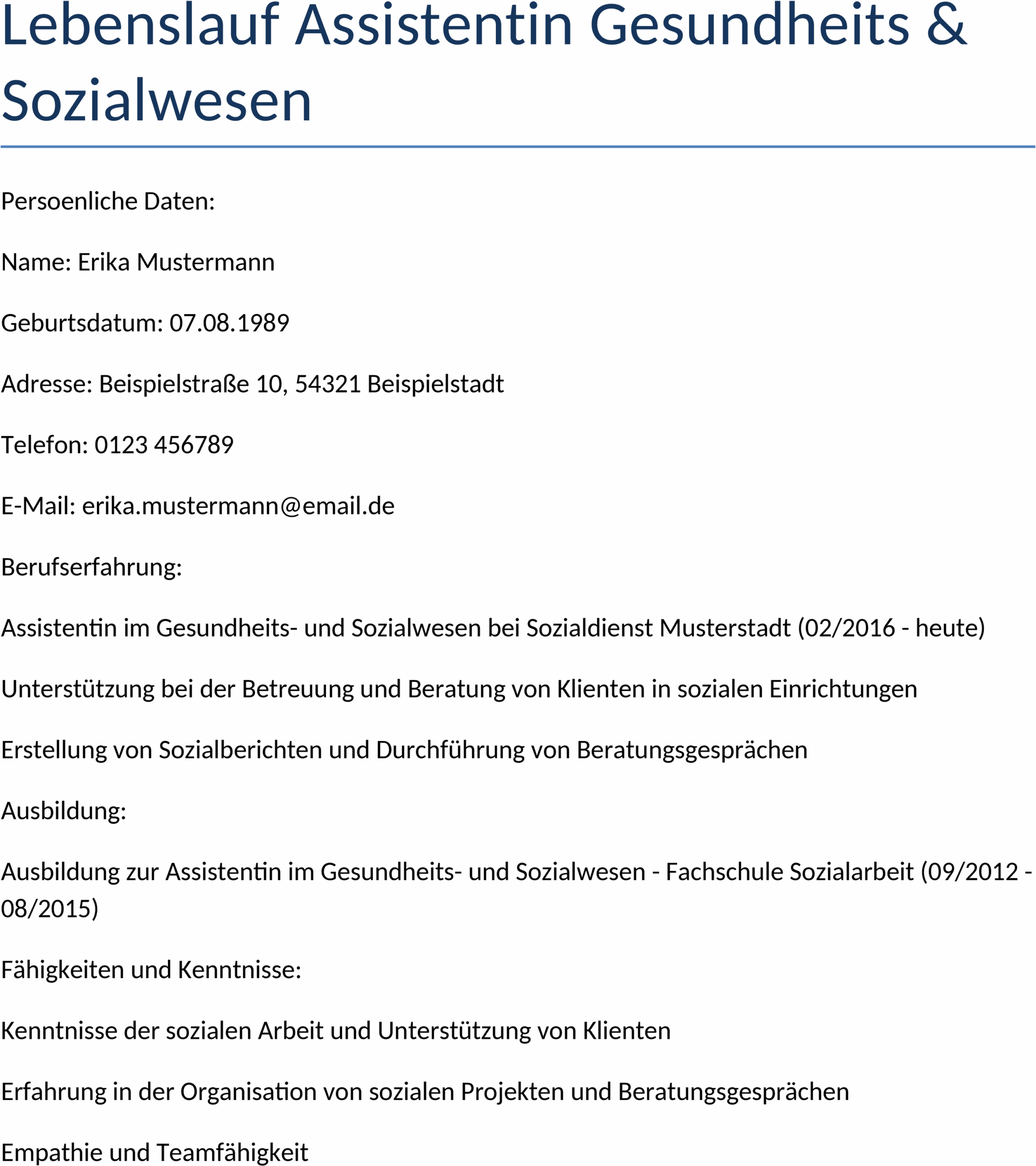 Word-Vorlage Lebenslauf Assistentin Gesundheits- und Sozialwesen