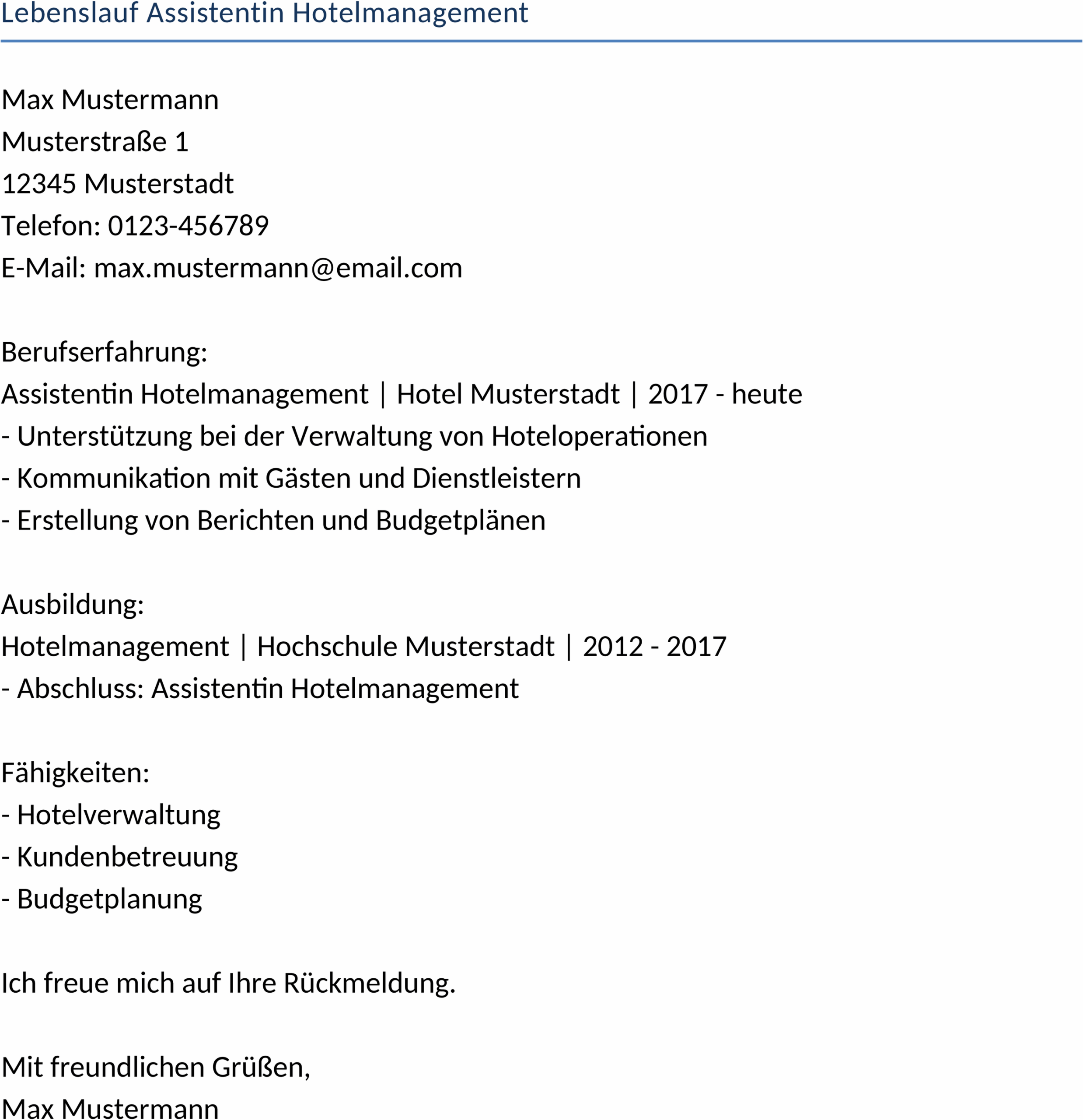 Lebenslauf im Word-Format für Hotelmanagement-Assistenten