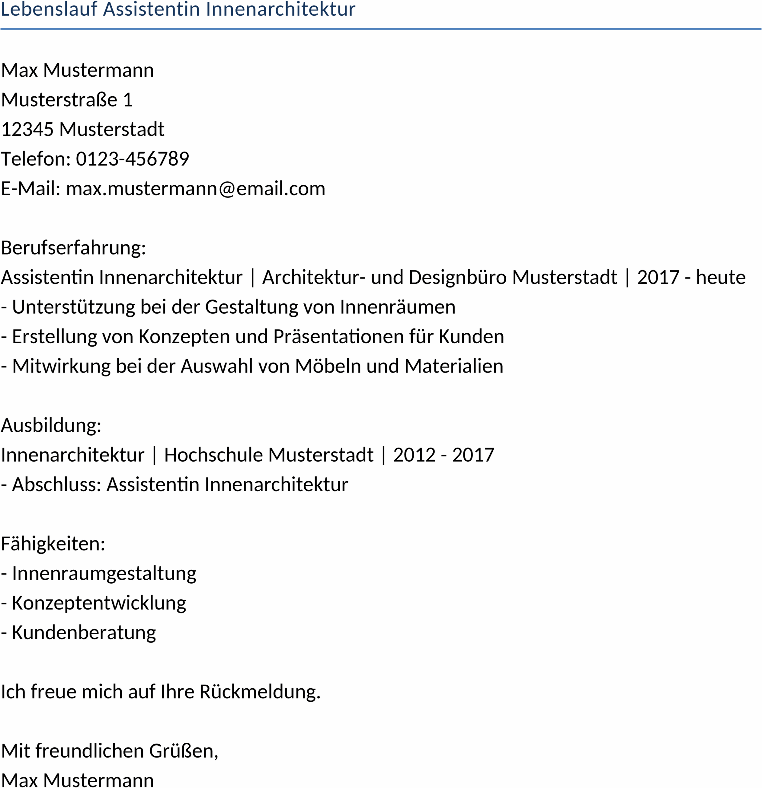 Word-Vorlage Lebenslauf Assistentin Innenarchitektur